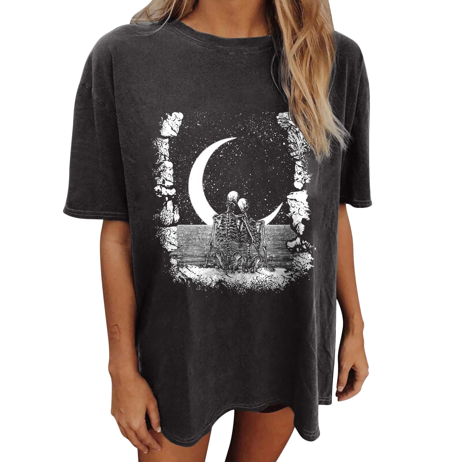 Vintage Band T-Shirts for Women - Cute Short Sleeve Crewneck Western Skeleton Print Goth Tops | Perfect for Concerts, Halloween & Alternative Fashion