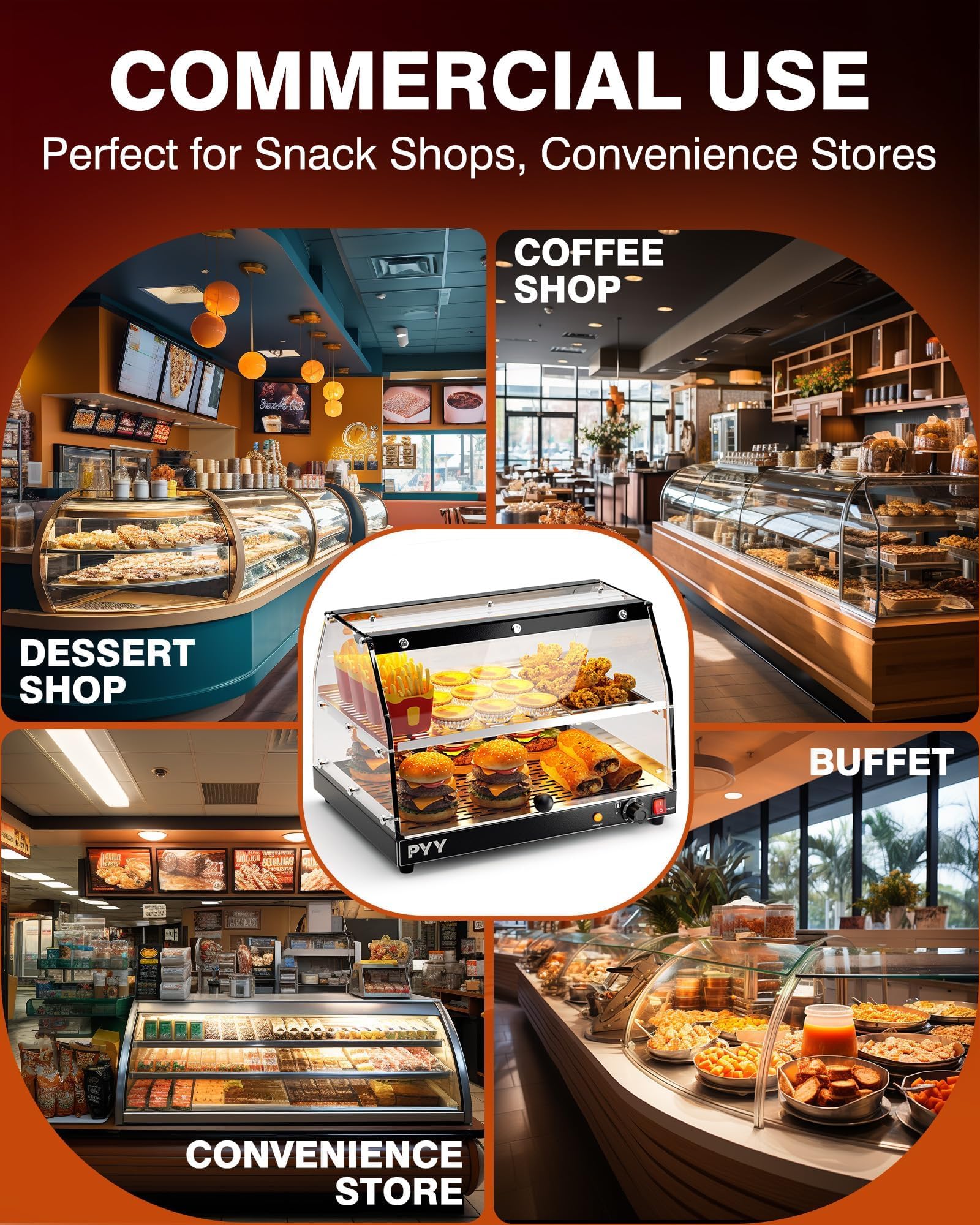 Commercial 2-Tier Pizza Warmer with LED Lighting - Countertop Food Display Warmer for Pastries, Pretzels & Snacks - Perfect for Bakeries, Cafes & Food Trucks
