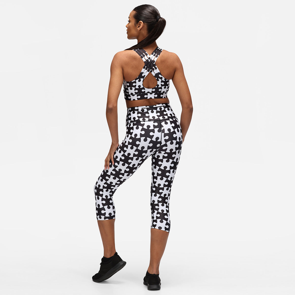 Monochrome Jigsaw Capri Pants - High Waisted Stretchy Yoga Pants for Women - Perfect for Yoga, Workouts & Casual Wear