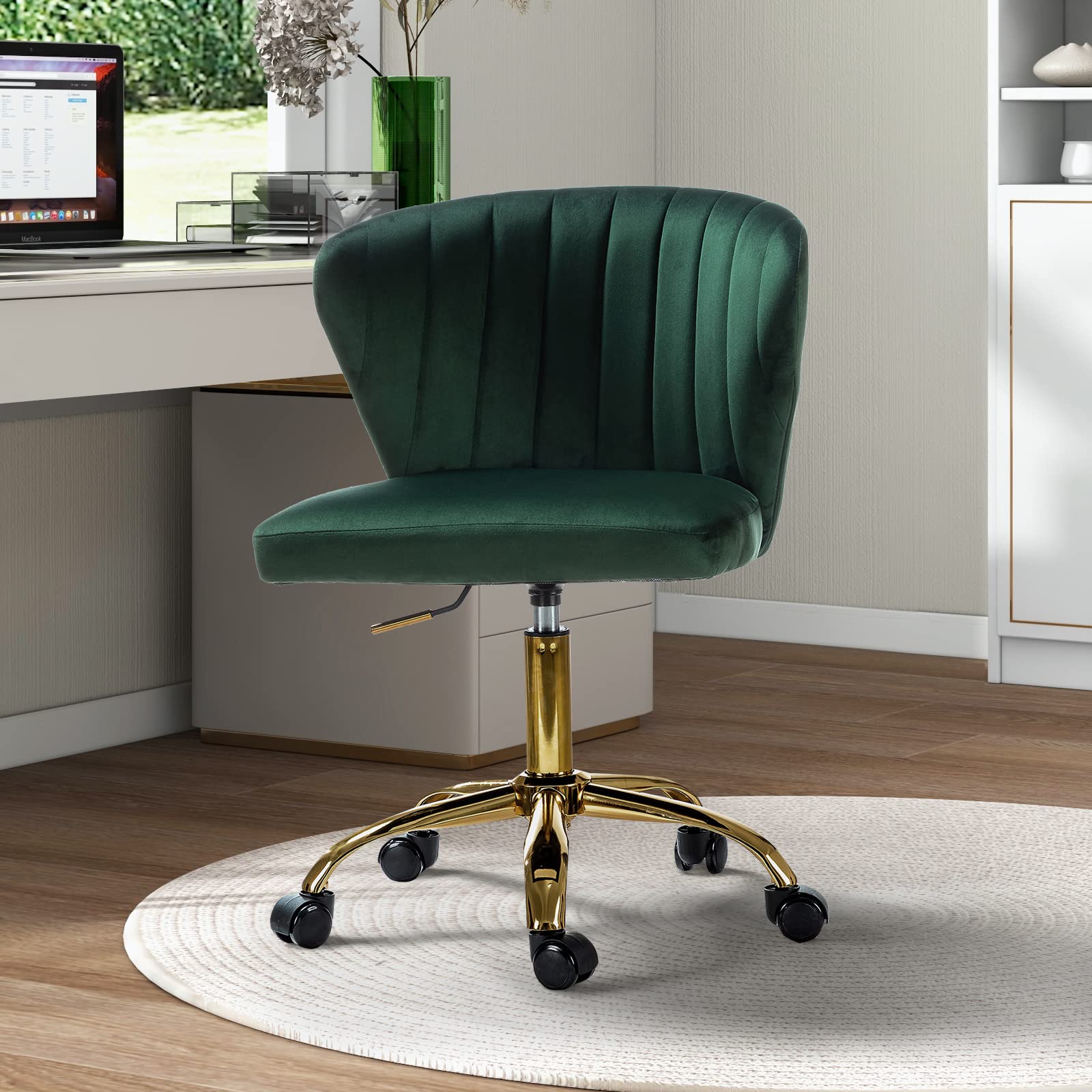 TINA'S HOME Modern Velvet Armless Office Chair with Wheels & Gold Base - Adjustable Low Back Swivel Rolling Task Chair for Home Office, Living Room, Vanity or Study - Green Velvet Upholstered Desk Chair for Work & Relaxation