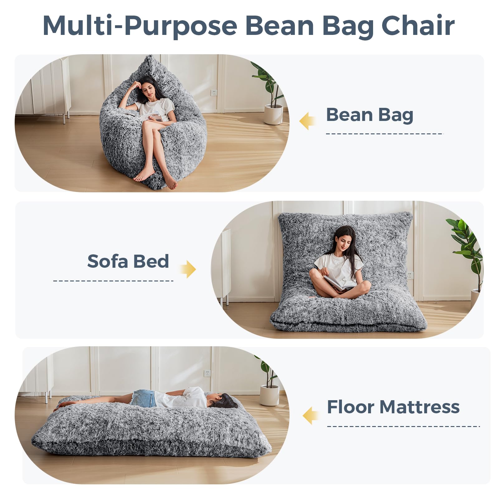 MAXYOYO 3-in-1 Convertible Bean Bag Chair - Giant Memory Foam Sofa Bed & Floor Mattress with High Density Support - Black - Perfect for Living Room, Bedroom, Dorm & Game Room Relaxation