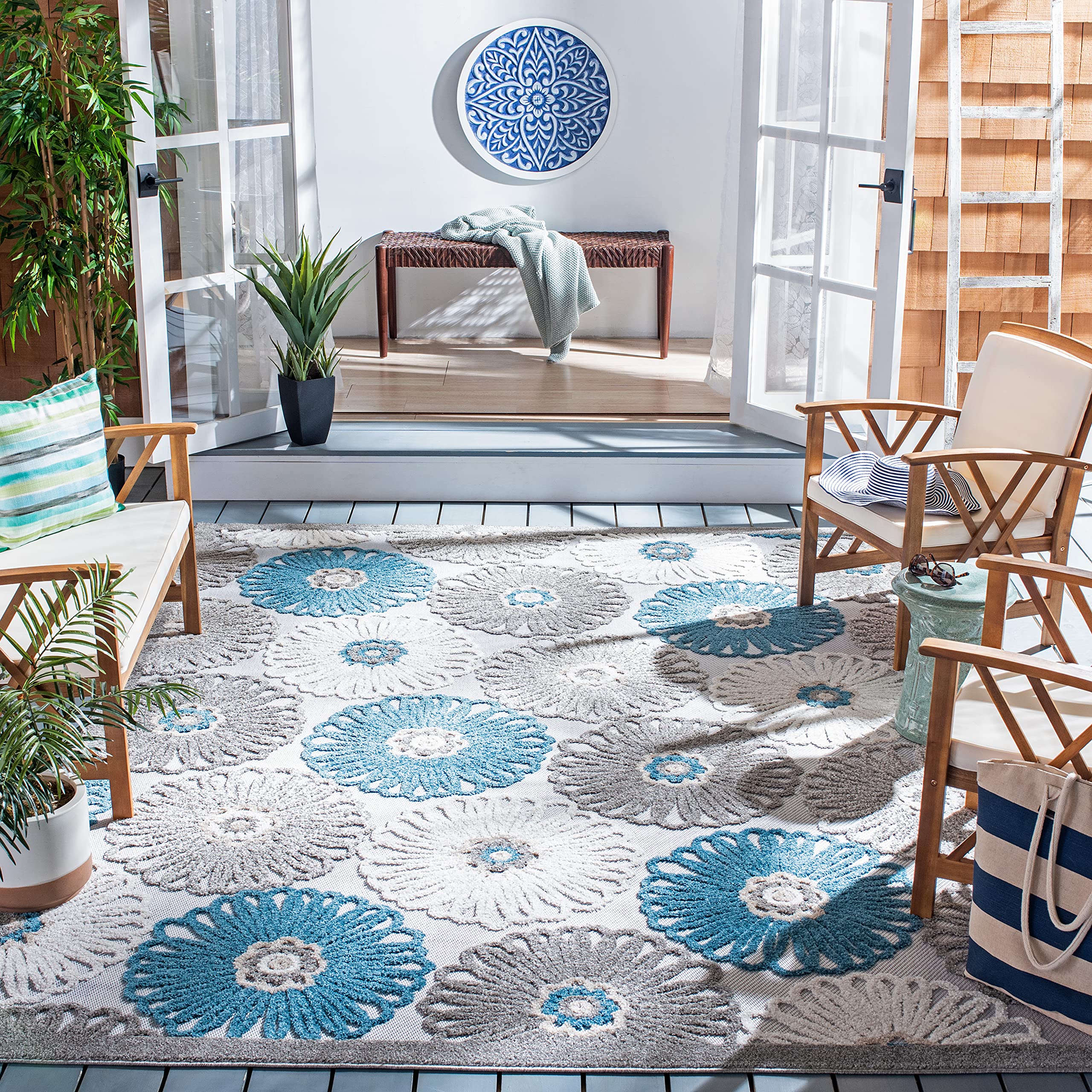 SAFAVIEH Cabana Collection 9' x 12' Area Rug - Beige & Blue Non-Shedding Easy Care Rug for High Traffic Areas | Perfect for Living Room, Bedroom & Dining Room Decor | Soft & Durable Floor Covering (CBN676B)