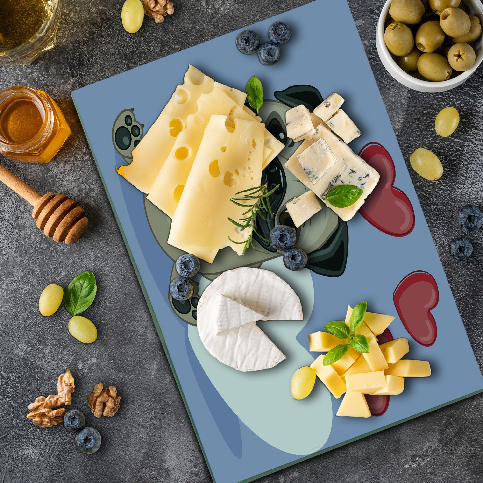 Ambesonne Pug Themed Tempered Glass Cutting Board - Happy Dog Licking Lips with Red & White Hearts Design - Large Decorative Serving Board for Kitchen & Dining - Perfect for Cheese, Charcuterie & Party Platters (Pale Brown Red)