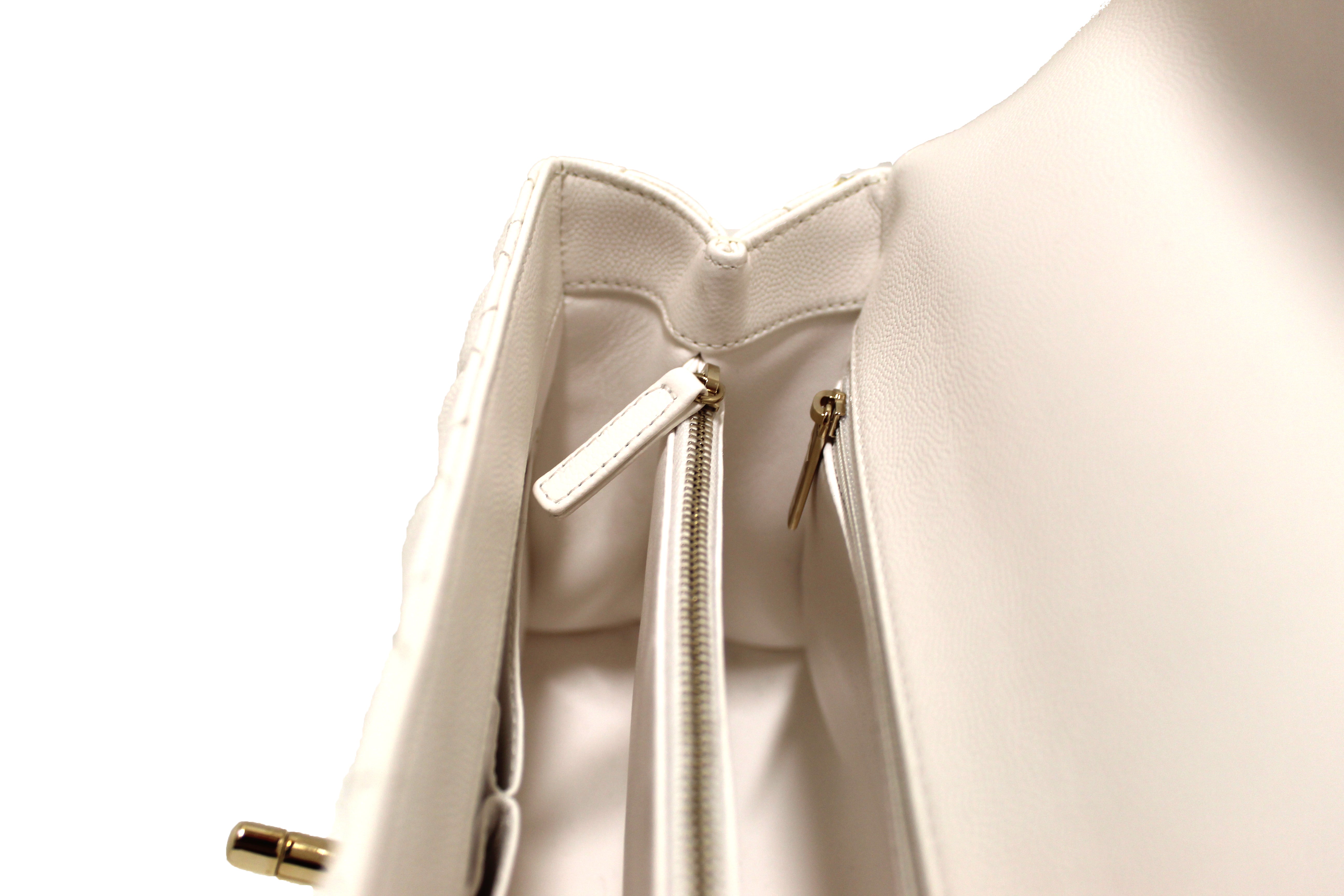 Authentic Chanel White Quilted Caviar Leather Medium CoCo Handle Flap Bag - Luxury Designer Handbag for Women, Perfect for Parties, Weddings & Everyday Elegance