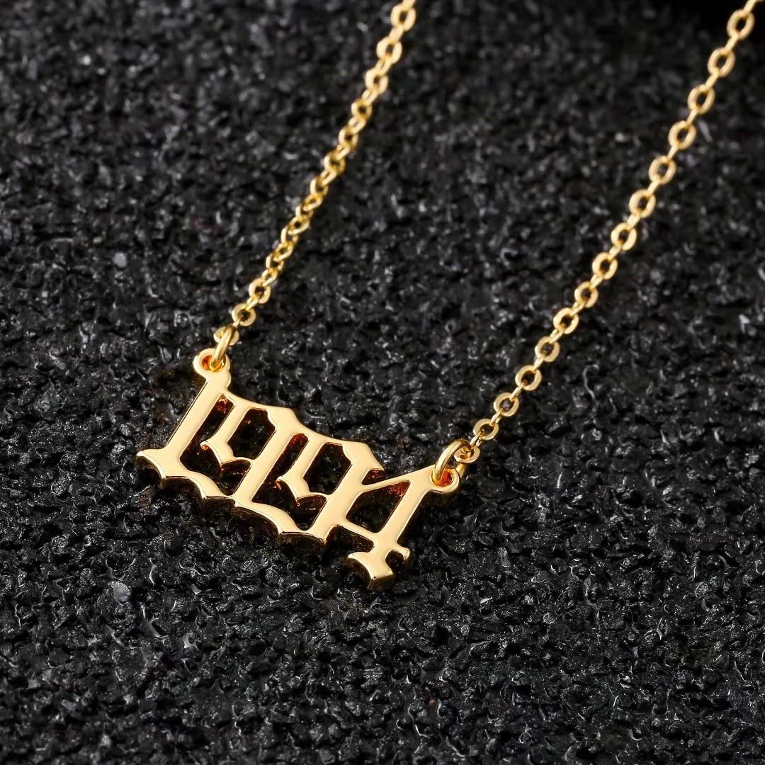 18K Gold Plated Old English Birth Year Necklace for Women - Personalized Jewelry Gift for Birthday, Anniversary (1970-2021) | Elegant Layering Necklace for Everyday Wear & Special Occasions