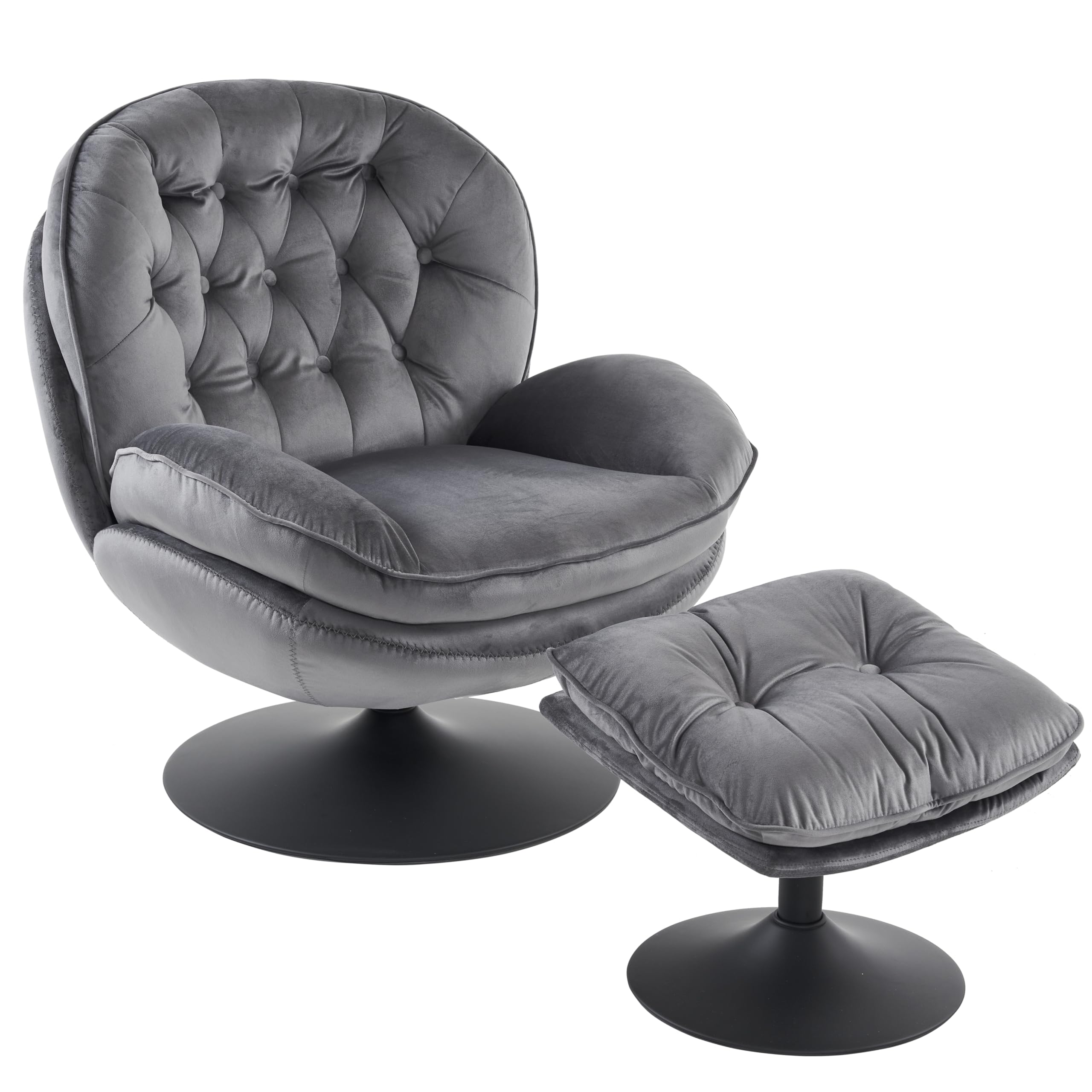 Velvet Swivel Accent Chair with Ottoman Set - Modern Tufted Armchair & Footrest for Living Room, Bedroom - 360 Degree Swivel Lounge Chair for Adults - Grey - Perfect for Reading, Watching TV or Relaxing