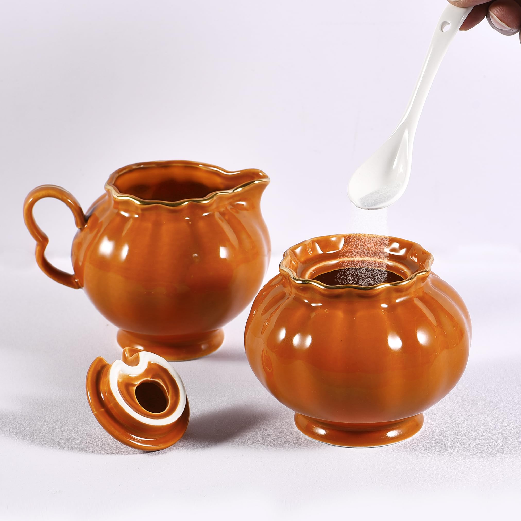 Ceramic Sugar Bowl with Lid, Milk Jug, and Spoon - 3-Piece Coffee Serving Set | Creamer & Sugar Bowl Combo | Dishwasher & Microwave Safe | Perfect for Breakfast, Tea Time & Gifting | Elegant Orange Design