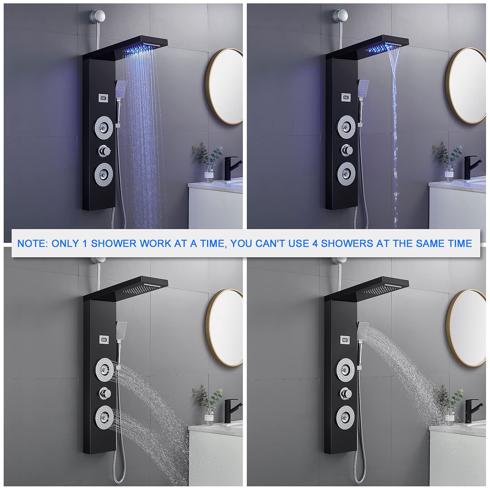 ROVOGO Modern LED Rain Shower Panel System - 2 Body Jets & Handheld Shower Head with Digital Temperature Display - Easy Connect Shower Tower Column in Black (Rough-In Valve Not Included) - Perfect for Bathroom Renovation & Spa-Like Shower Experience