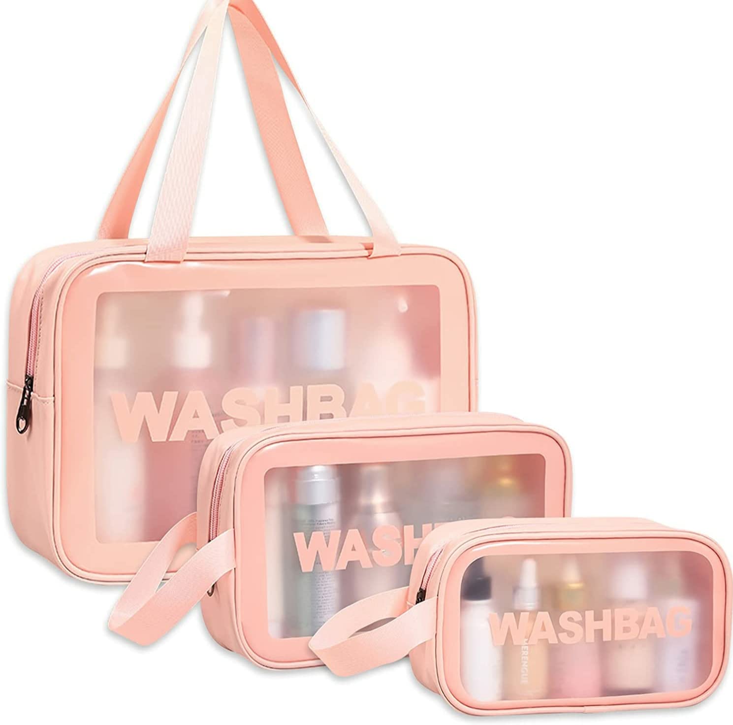 Waterproof Travel Makeup Pouch Set - 3 Piece Cosmetic Organizer & Toiletry Storage Kit for Women | Portable Beauty Case for Vacation, Gym, Business Trips (Pink)
