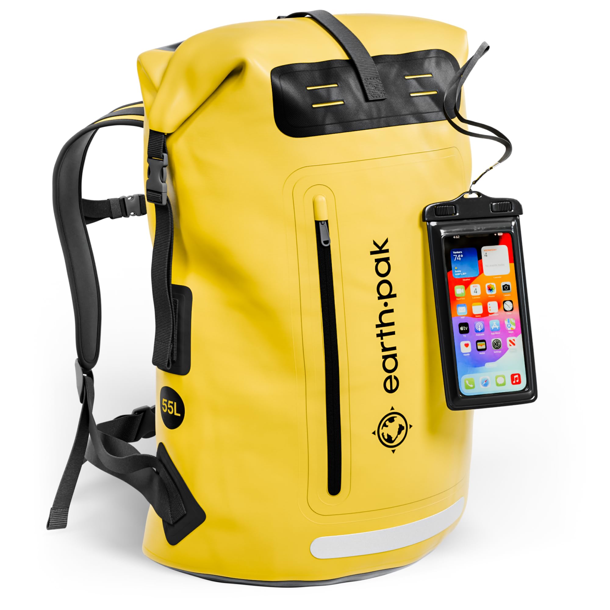 Earth Pak Waterproof Backpack - Heavy Duty Hiking Backpack with Roll-Top Closure - Waterproof Dry Bag for Camping, Kayaking & Outdoor Adventures - Includes Cushioned Phone Case