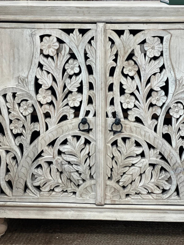 White Carved Solid Wood Sideboard Buffet Table with 4 Doors - Perfect for Dining Room Storage & Rustic Home Decor