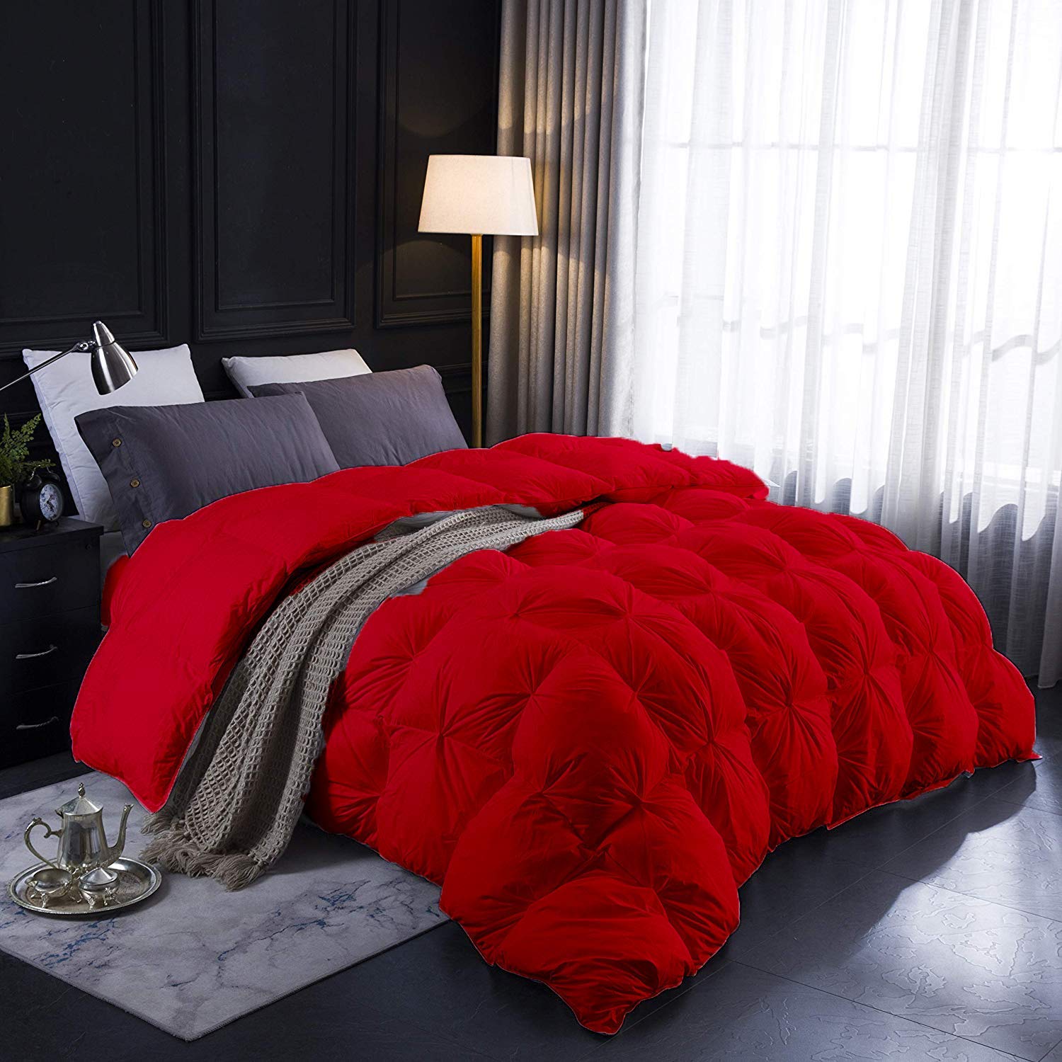 Luxury Pinch Pleated Comforter Set - 500 GSM Premium Cotton Queen Size Bedding with 2 Pillowcases (Red, 3-Piece) - Oversized Pin Tuck Alternative for Cozy Bedroom Decor & Guest Room Styling