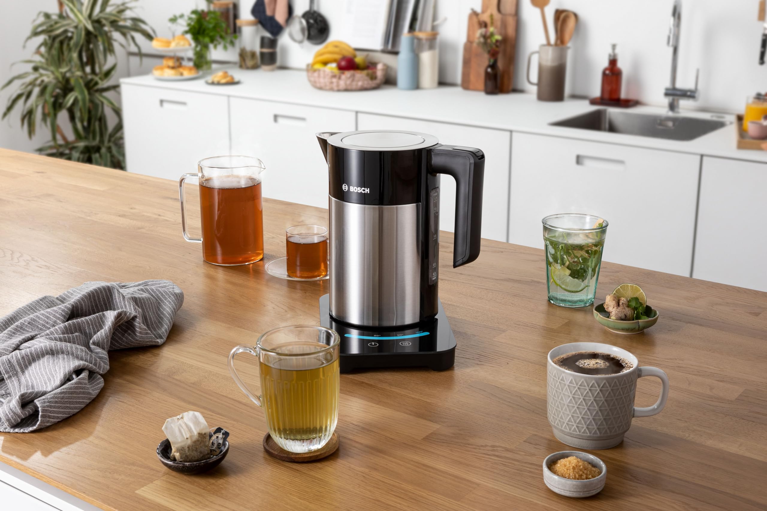 Bosch TWK7203 Electric Kettle - 2200W Fast Boiling, 7 Cups Capacity, Black/Stainless Steel with Touch Display - Perfect for Home, Office & Tea/Coffee Lovers