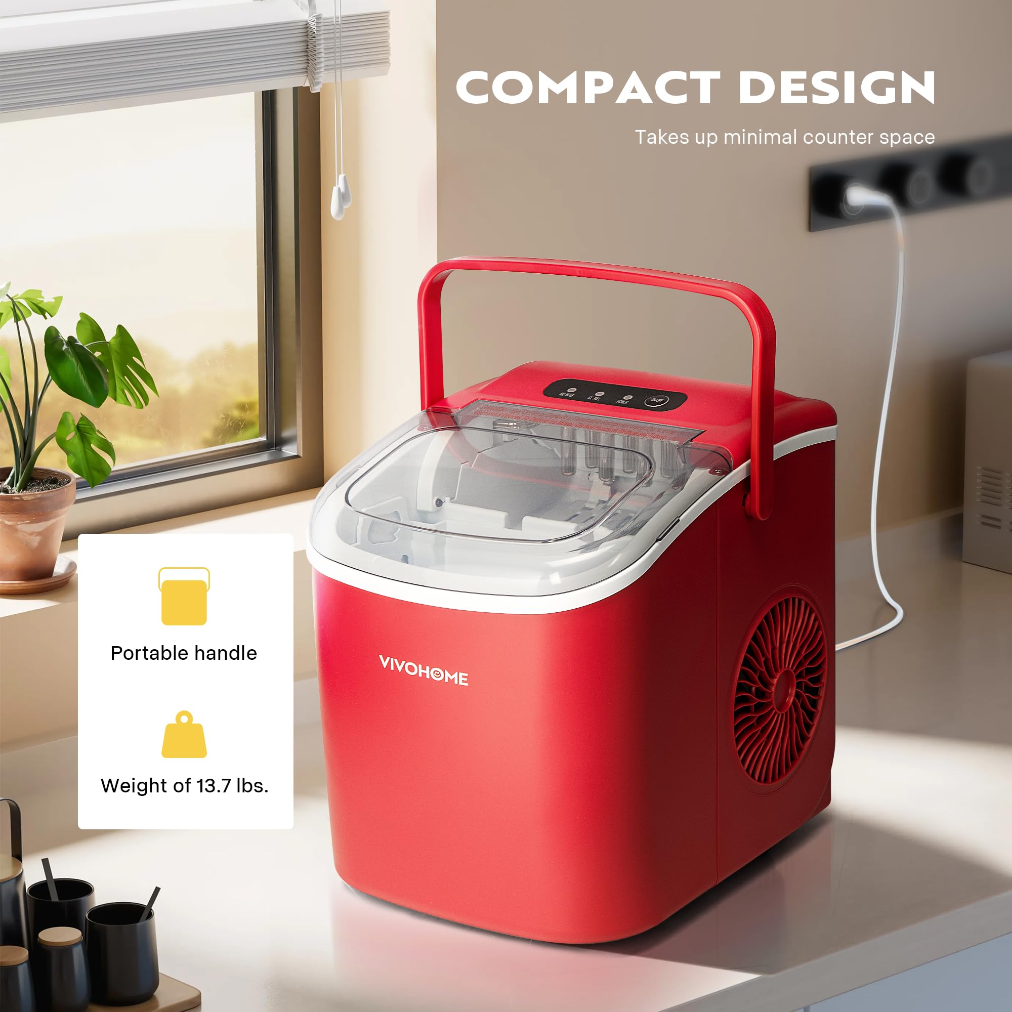 VIVOHOME 26lbs/Day Portable Countertop Ice Maker Machine - Fast 9 Ice Cubes in 6 Minutes, Self-Cleaning with Handle, Includes 10 Ice Bags (Red) - Perfect for Home, Office, Parties, RVs, and Outdoor Events