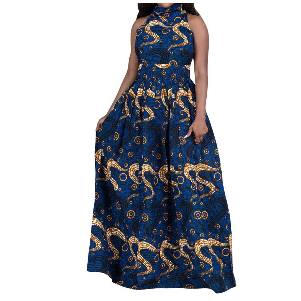 Women's Hemlock Party Long Dress - Sleeveless African Print High Collar Slim Prom Gown for Evening Events & Special Occasions