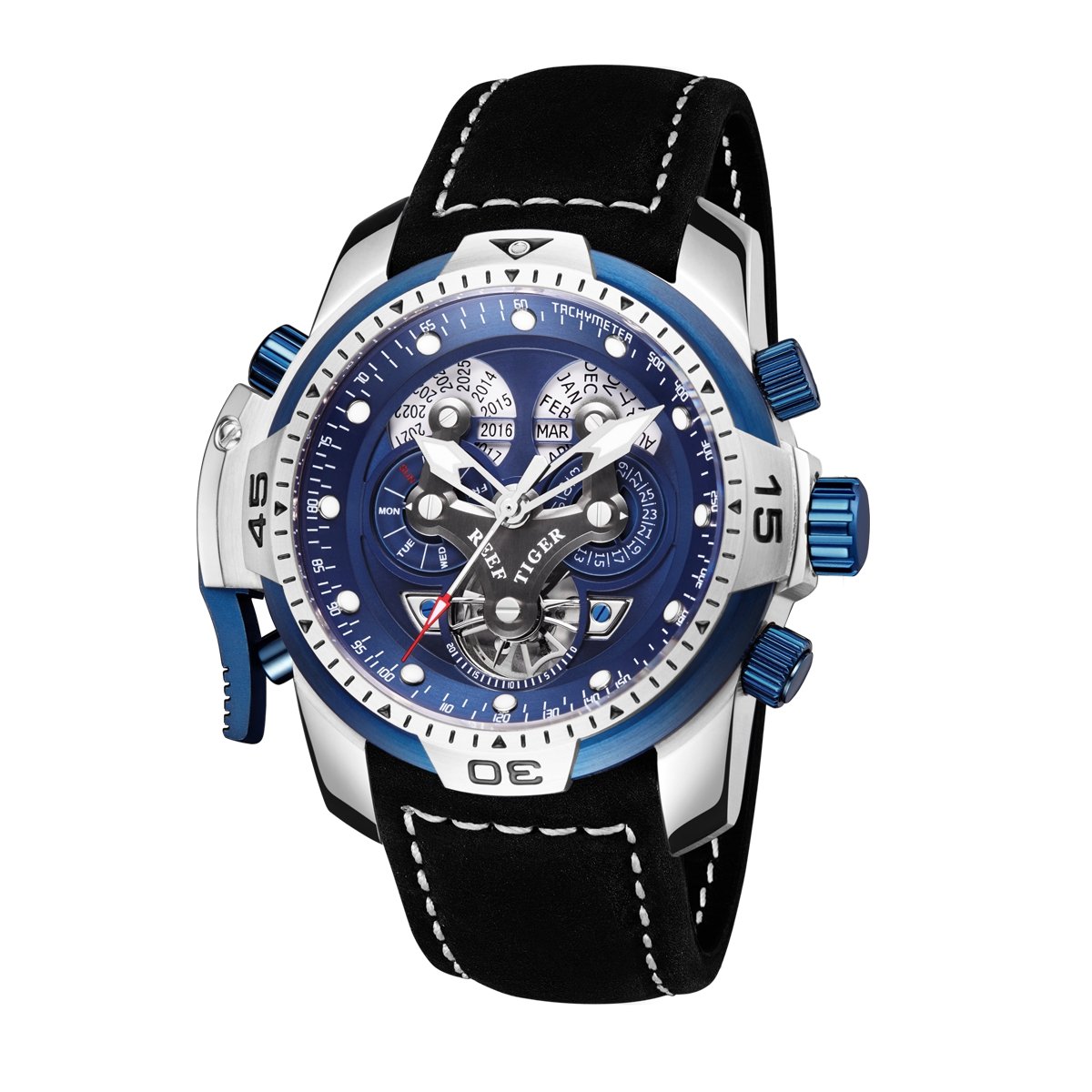 REEF TIGER Men's Military Automatic Watch - Stainless Steel Case, Blue Dial, Waterproof Sport Watch (Model RGA3503) | Perfect for Outdoor Adventures, Hiking & Military Enthusiasts