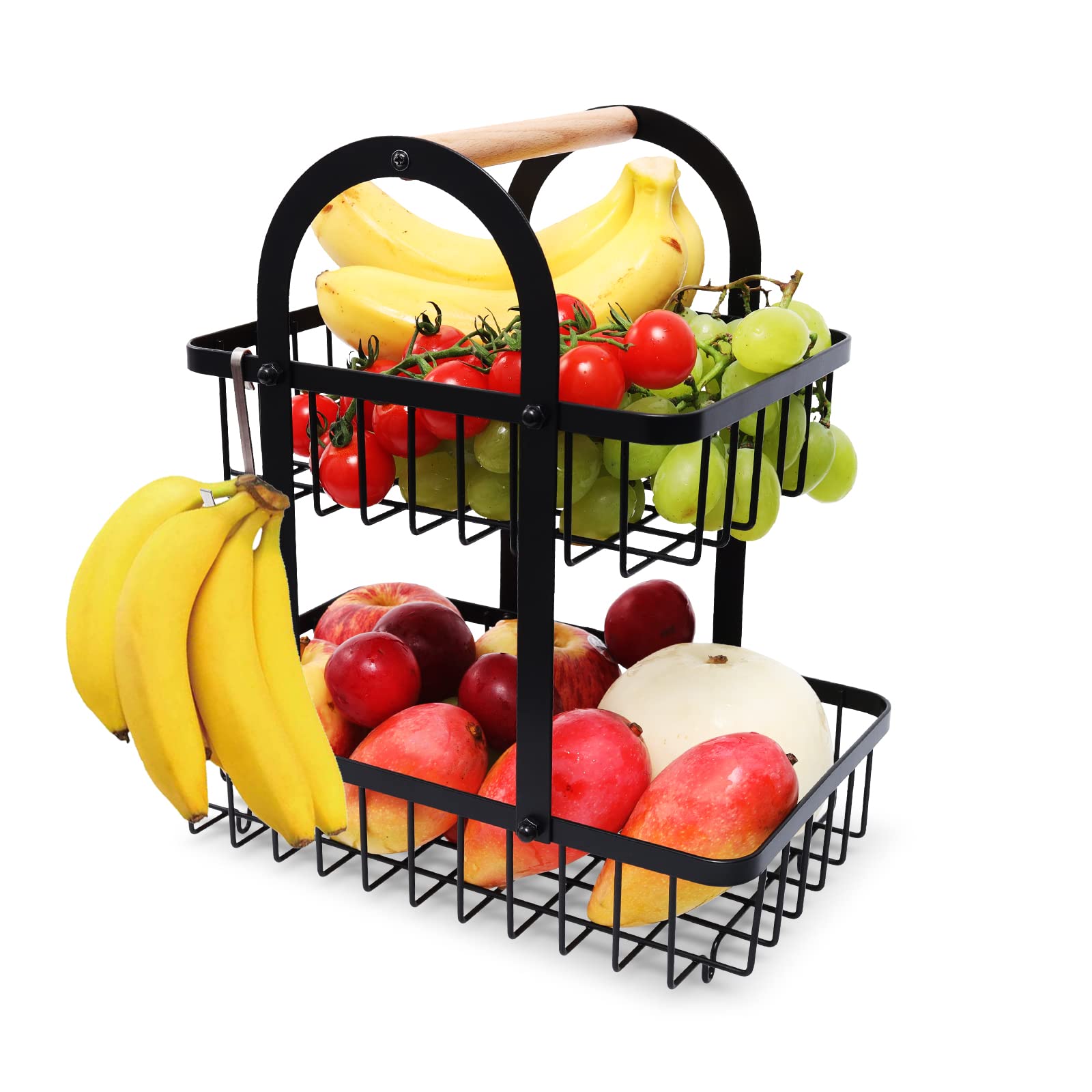 2-Tier Metal Fruit Basket with Banana Hanger - Detachable Kitchen Storage Rack for Fruits, Vegetables & Bread - Black | Perfect for Countertop Organization & Pantry Display