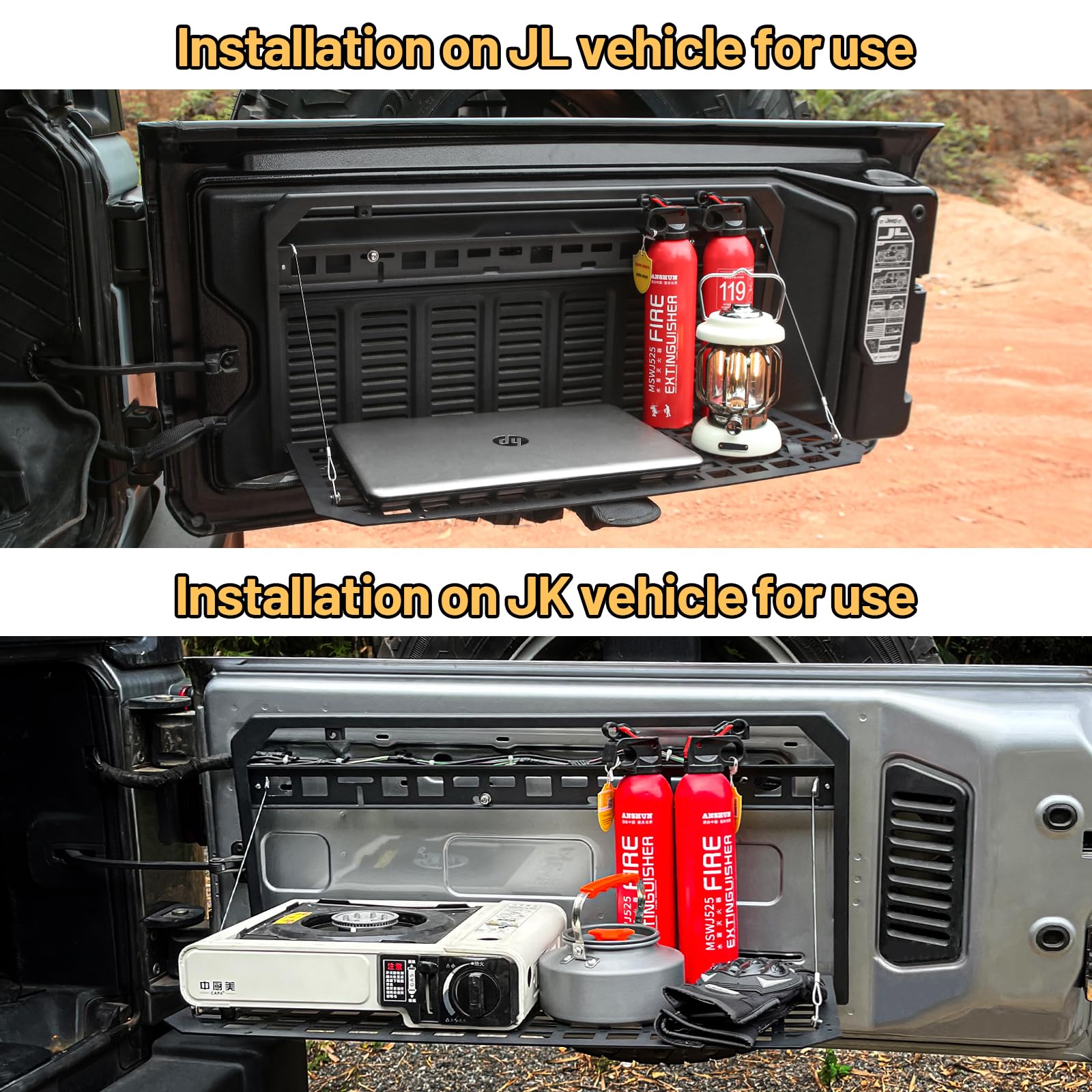 Foldable Tailgate Table & MOLLE Panel Storage Rack for 2017-2024 Jeep Wrangler JKU/JL/JLU - Rear Cargo Organizer with 3 Storage Bags (Not Compatible with Low Speaker JK Models) - Perfect for Camping, Off-Roading & Outdoor Adventures