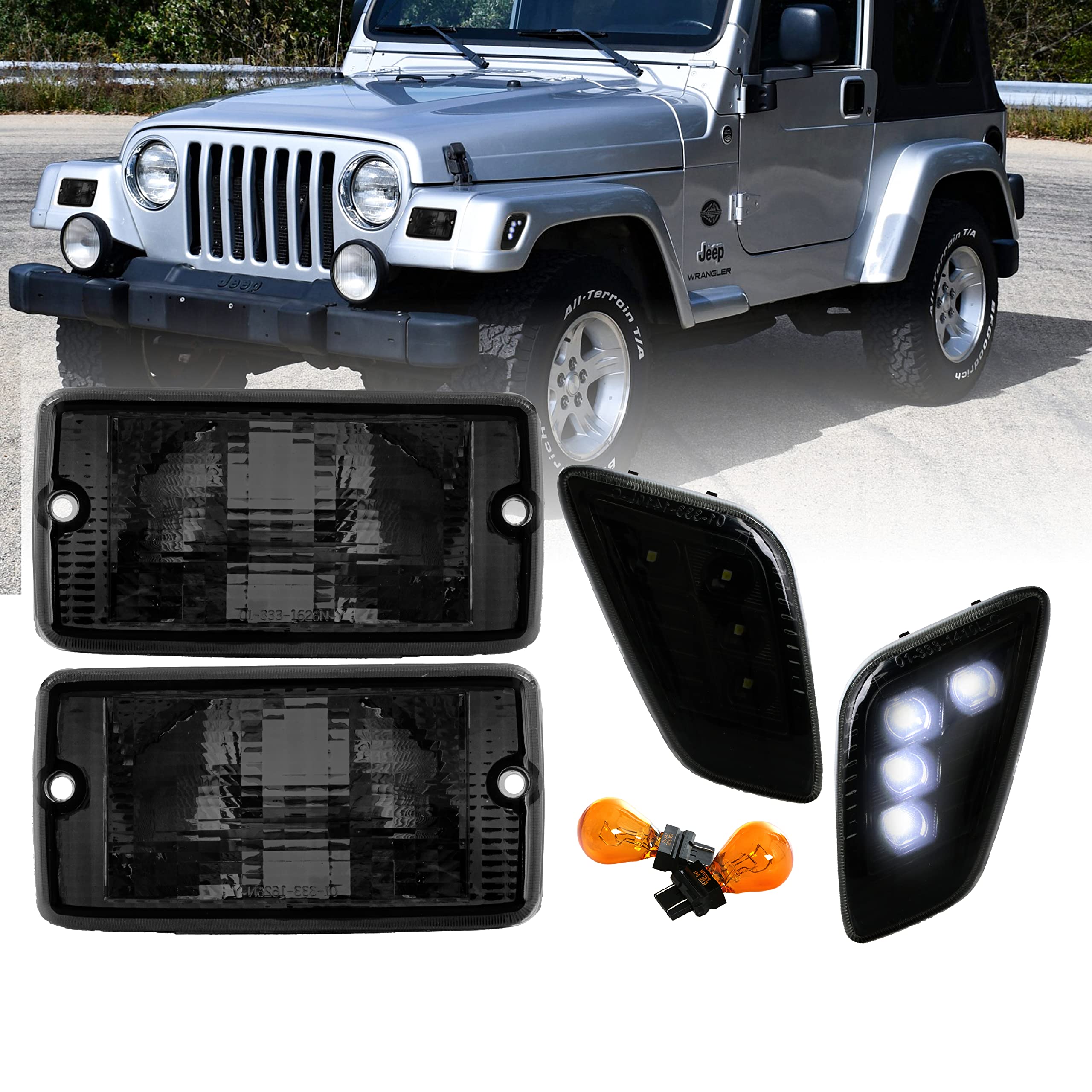 USR DEPO TJ LED Side Marker Lights - 4 Piece Smoke Lens Combo with White LED for 1997-2006 Jeep Wrangler TJ - Bumper Turn Signal & Fender Marker Lights - Upgrade Your Off-Road Vehicle Lighting for Night Driving & Trail Adventures