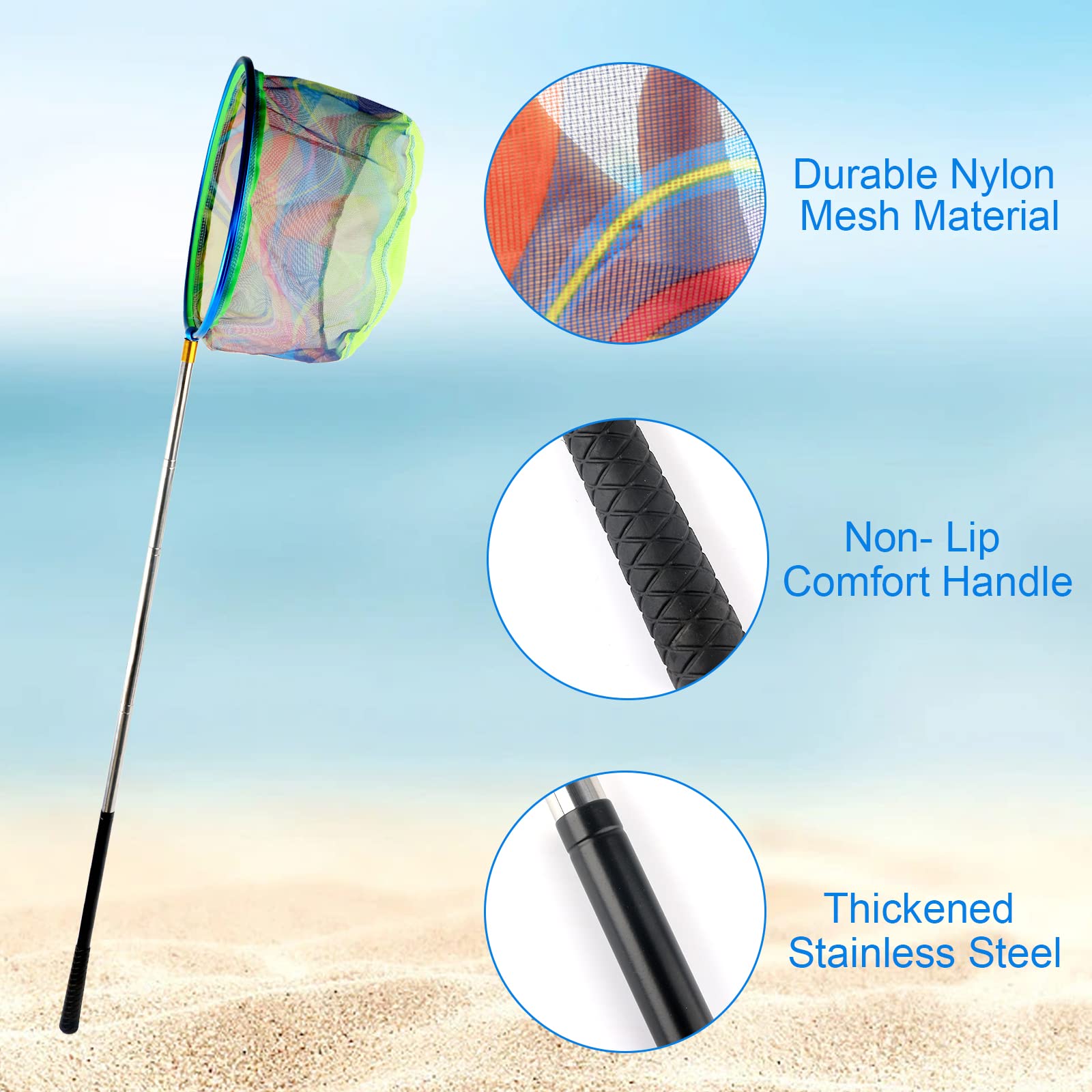 7-Inch Floating Telescopic Folding Fishing Net with Pliers & Lip Gripper - Foldable Sand Bucket Included | Portable Fishing Gear for Kids & Adults | Perfect for Beach, Lake & River Fishing
