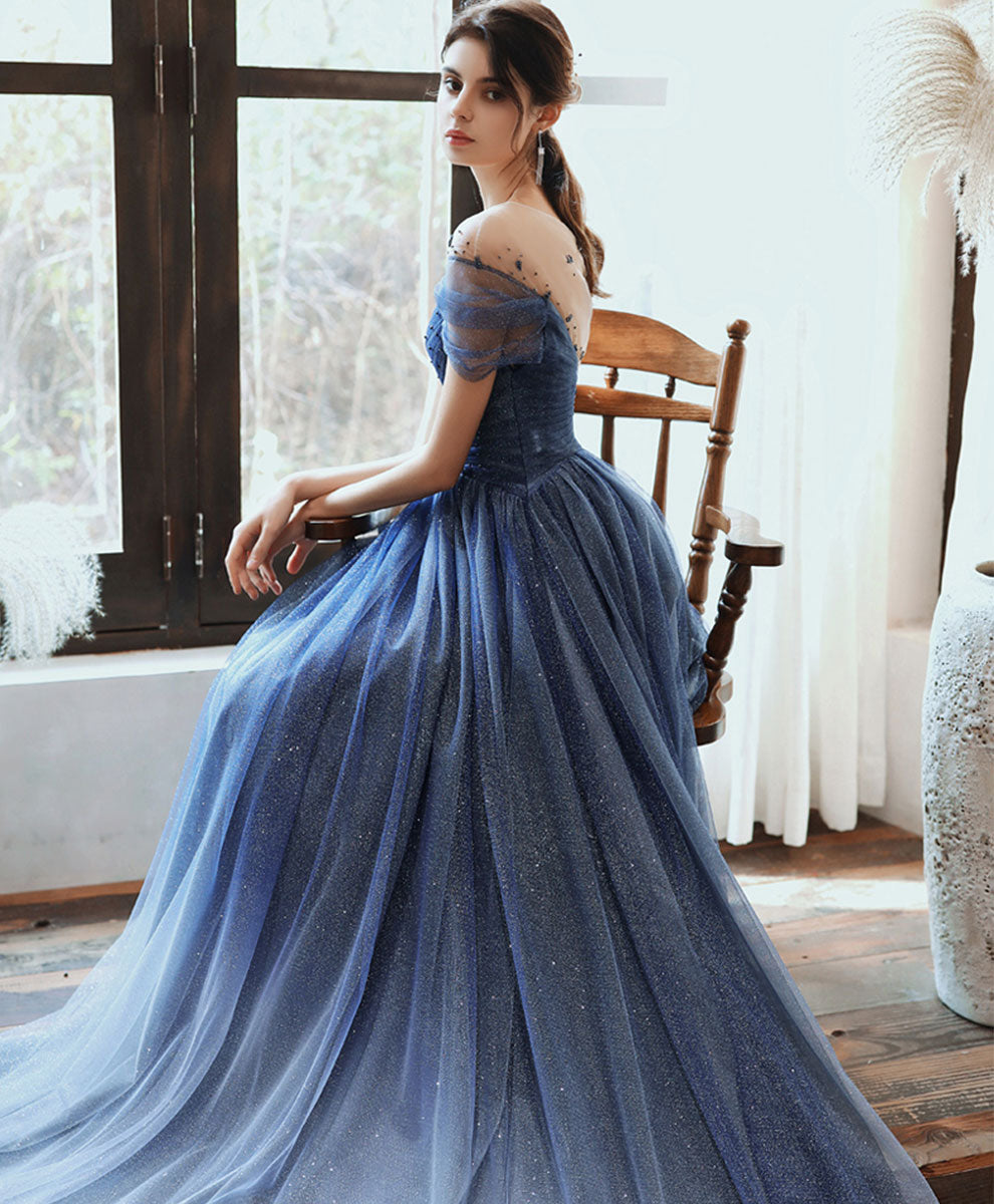Elegant Blue Tulle Off Shoulder Sequin Long Prom Dress for Women - Perfect for Evening Gala, Homecoming Dance & Formal Events