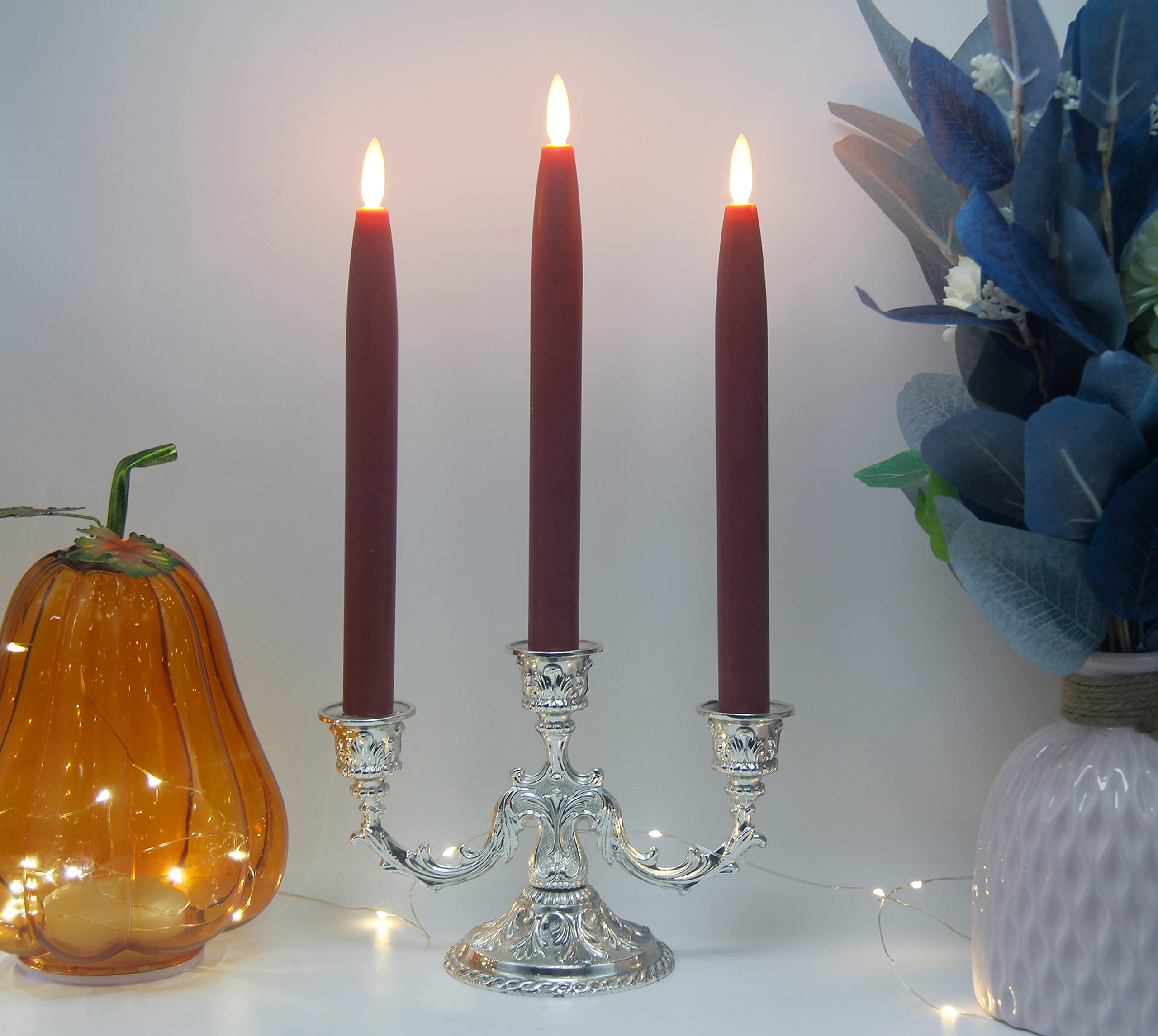 Battery Operated Flameless Taper Candles with Timer & Remote - Set of 3 Real Wax LED Tapered Dinner Candles for Windows, Dining Tables, Christmas Decorations, Wedding Centerpieces (Red) - Perfect for Holiday Lighting, Romantic Dinners & Home Decor
