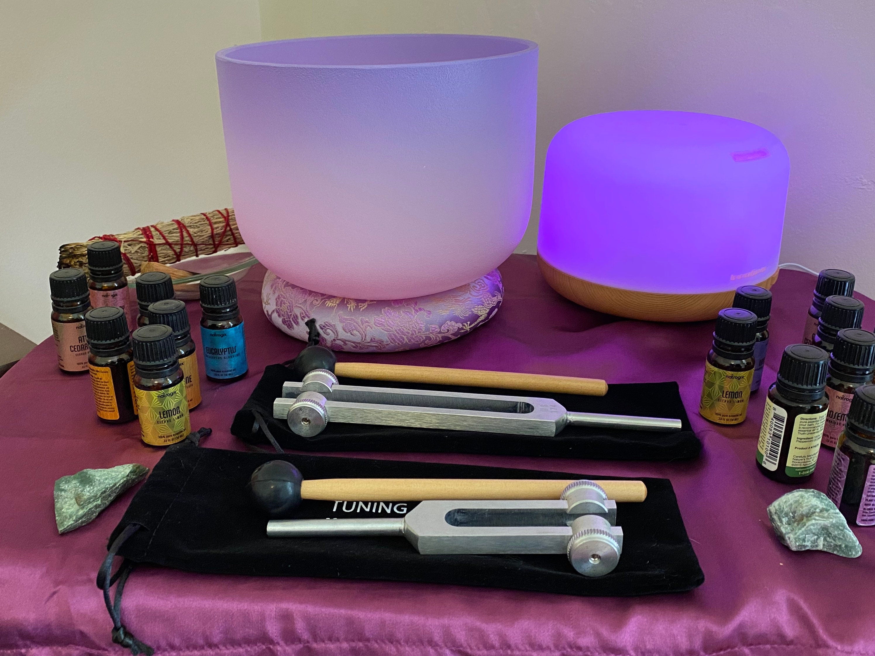174 Hz & 528 Hz Weighted Silver Anodized Aluminum Tuning Forks Set with 10mm Crystal Attenuator Handle Extender - Sound Healing, Meditation & Energy Therapy Tools
