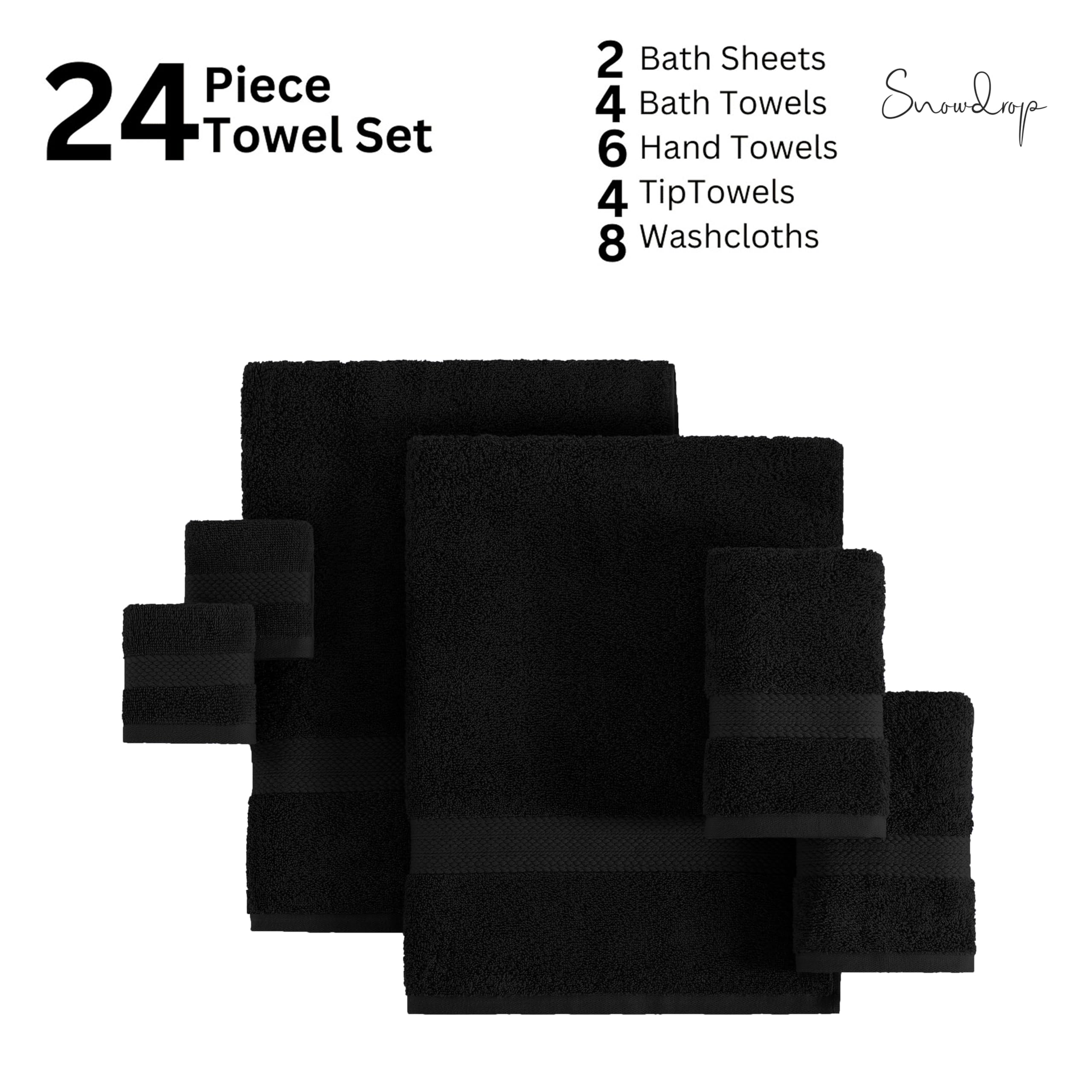 SNOWDROP 24-Piece Bathroom Towel Set - Ultra Soft Microfiber Bath Sheets, Bath Towels, Hand Towels & Wash Cloths for Spa, Gym, Hotel & Home Use - Includes 2 XL Bath Sheets, 4 Bath Towels, 6 Hand Towels, 8 Wash Cloths & 4 Fingertip Towels - Black