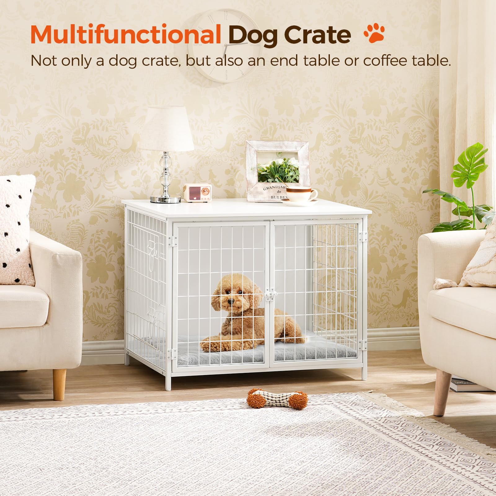 Premium Wooden Dog Crate Furniture with Plush Cushion - Double Door Heavy Duty Dog Kennel for Small Medium & Large Dogs - Indoor Dog House End Table (31.5