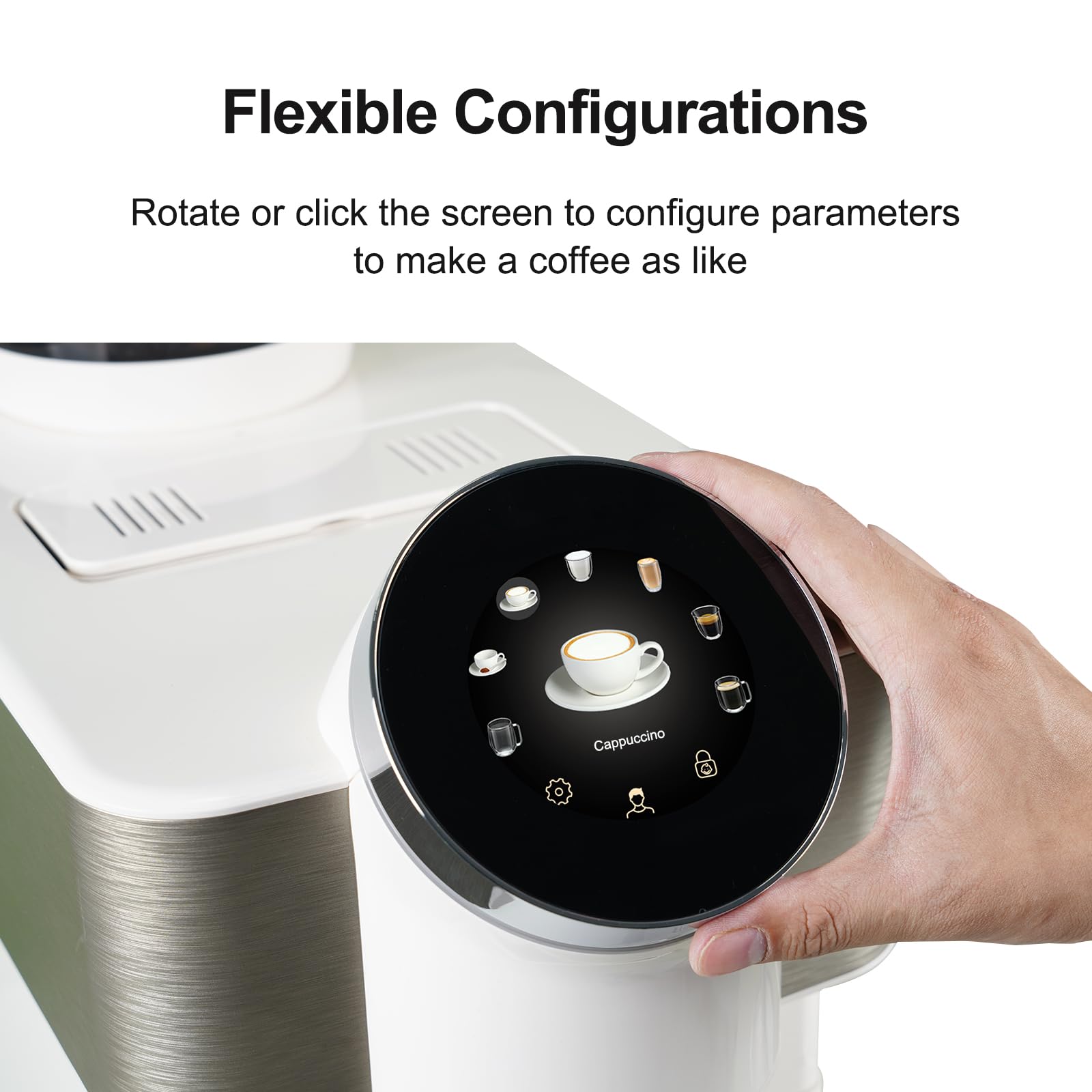 Fully Automatic Espresso Coffee Machine with Milk Frother - Dr.coffee H2 Home Coffee Maker, Detachable Water Tank, Round Touch Screen, Piano Black/Cream White for Kitchen, Office, Cafe Use