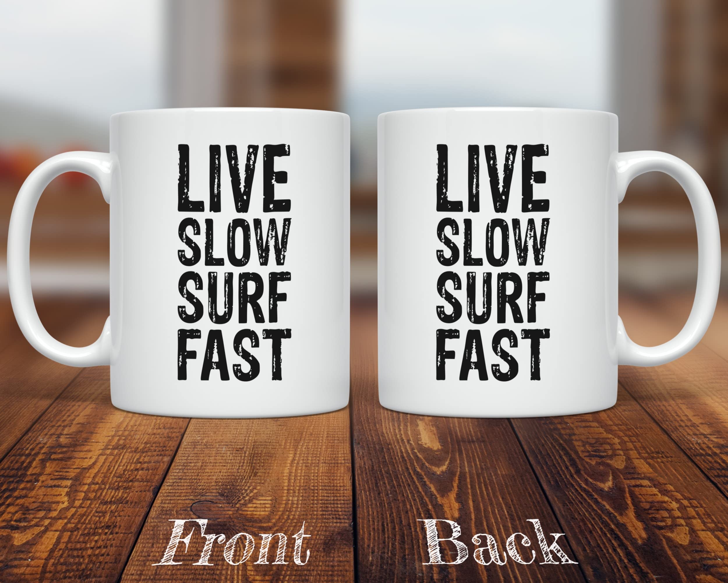 PixiDoodle Live Slow Surf Fast - 11 oz White Ceramic Coffee Mug for Surfers & Beach Lovers - Perfect for Morning Coffee, Beach Trips & Gifts