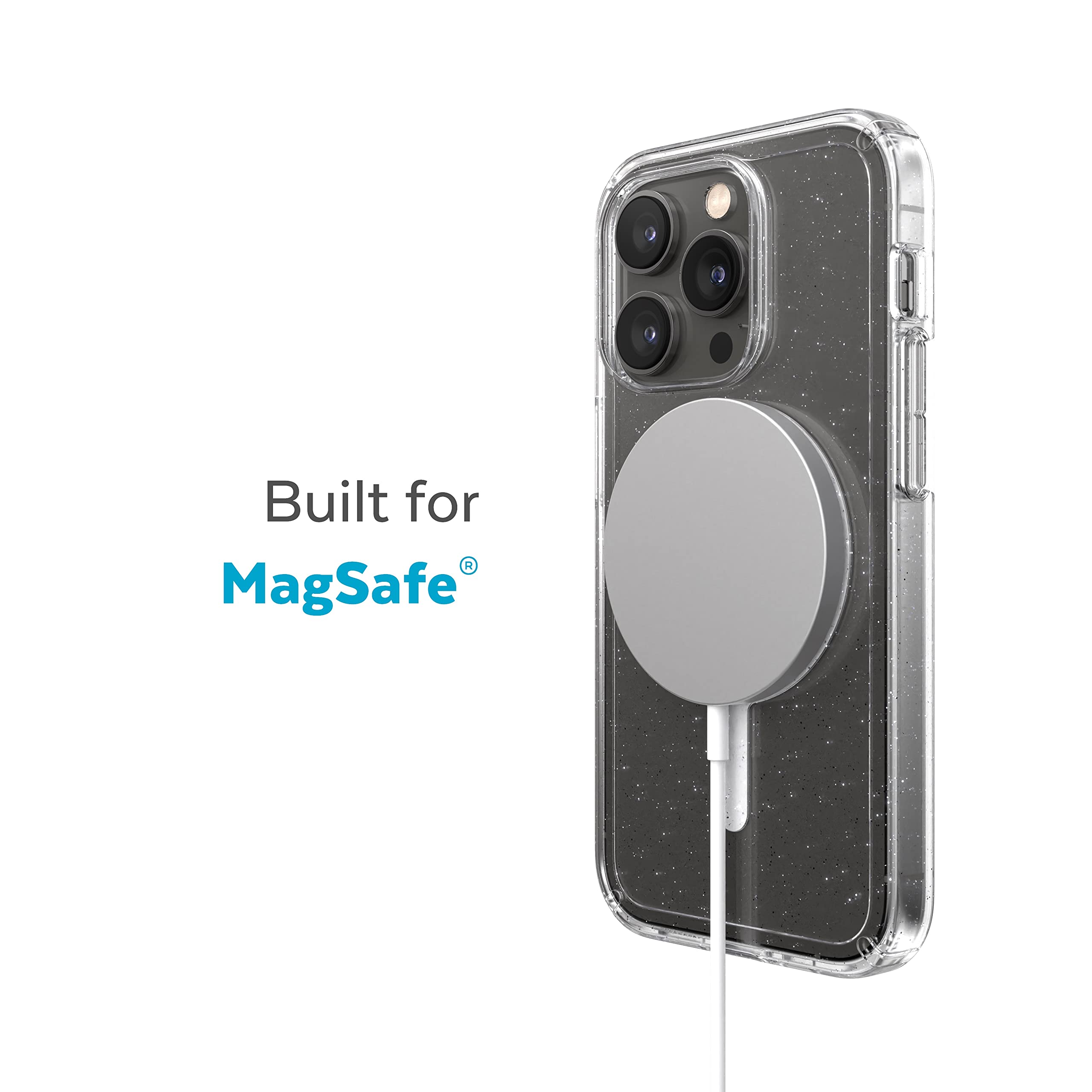 Speck Clear iPhone 14 Pro Case - Slim Protective Cover with MagSafe Compatibility | Scratch & Drop Resistant | Anti-Yellowing Technology | Dual Layer Platinum Glitter GemShell Design | Perfect for Everyday Use, Travel & Work Protection (6.1