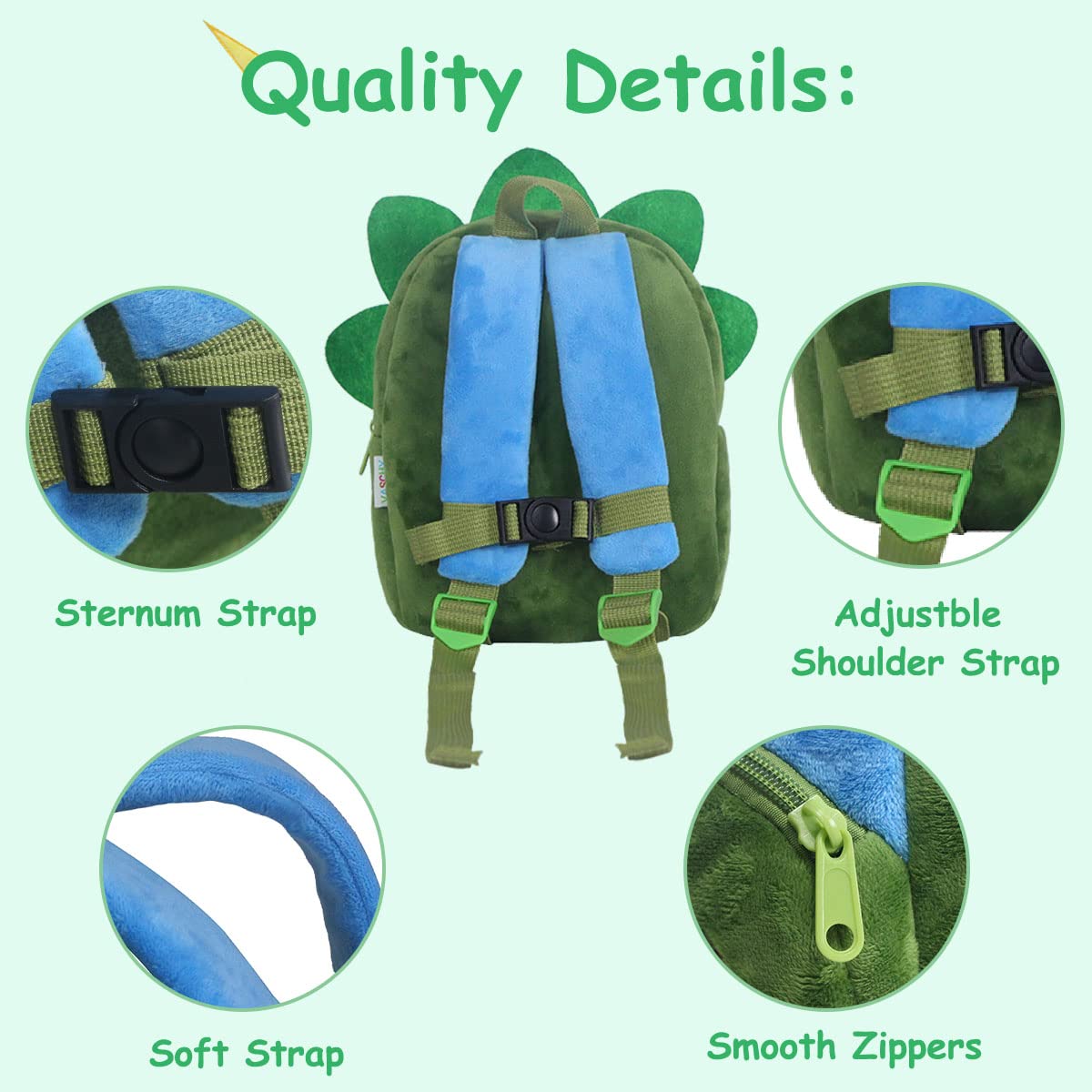 VASCHY Cute Plush Animal Toddler Backpack for Boys & Girls - Dinosaur Design Small Daycare Backpack for Little Kids | Perfect for Preschool, Travel & Daily Use