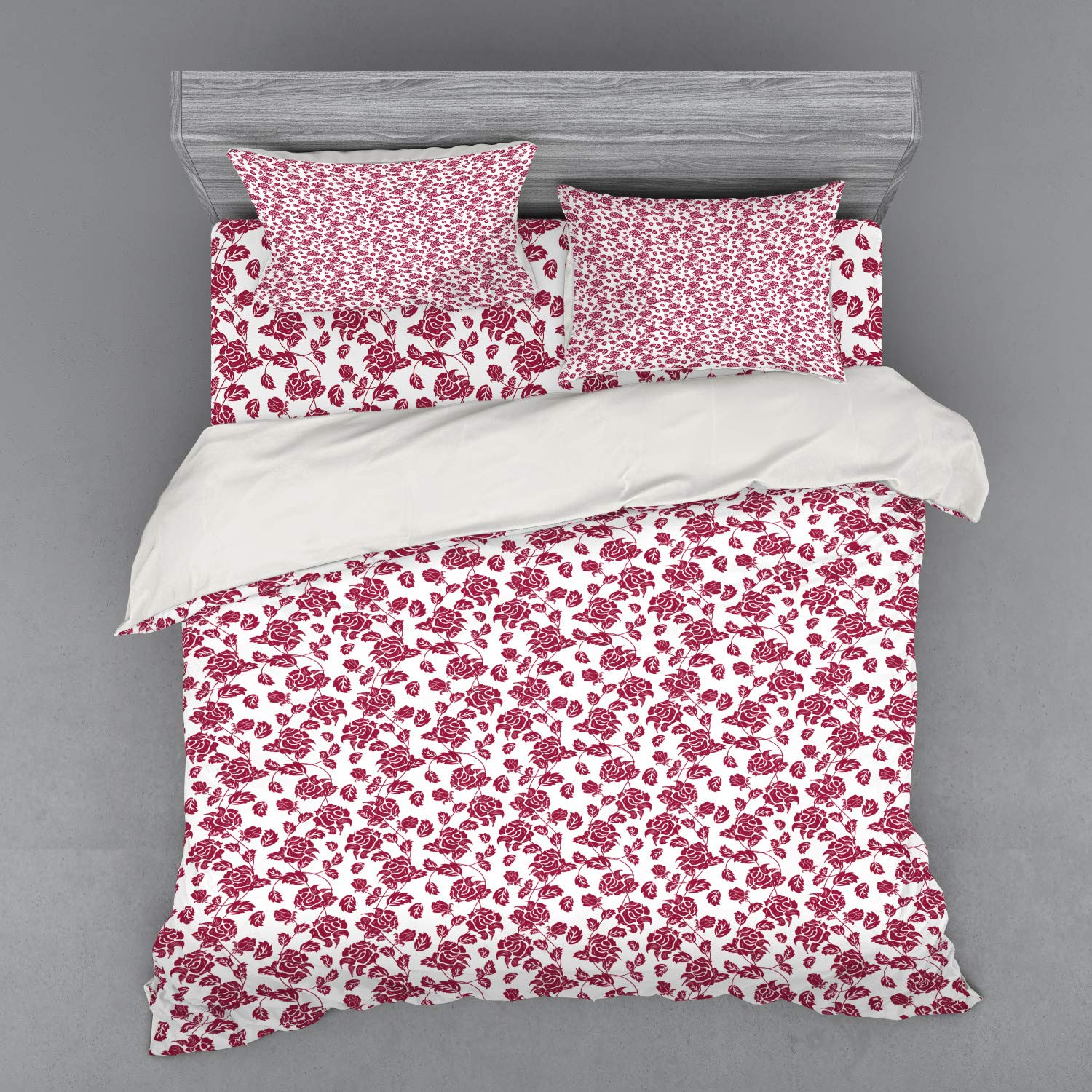 Ambesonne Rose Duvet Cover Set - King Size 4-Piece Bedding with Shams & Fitted Sheet, Simplistic Solid Color Roses Design on Pale Maroon White Background | Perfect for Master Bedroom, Guest Room & Bohemian Home Decor