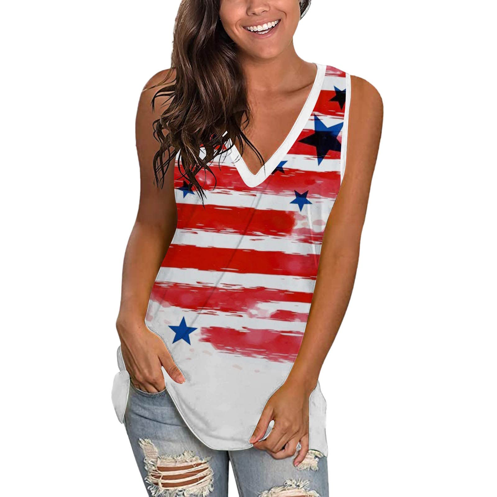 USA Flag Print Women's Summer Tank Tops - V Neck Sleeveless Basic T-Shirts for Casual Wear, Beach Outfits & Patriotic Events
