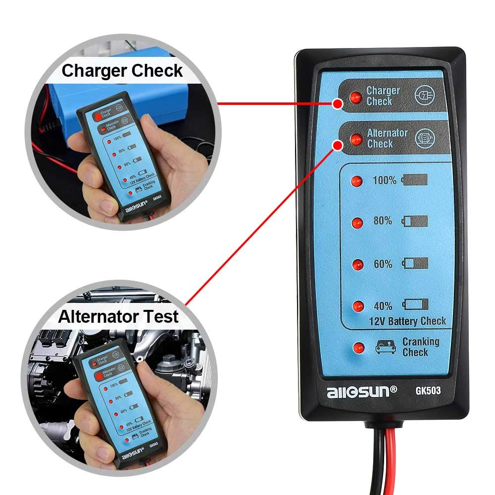 Allsun 12V Car Battery Tester - Mini Vehicle Battery Charger & Alternator Analyzer with Cranking Check - Automotive Battery Diagnostic Tool for Cars, Trucks, Motorcycles (Perfect for Road Trips & Winter Storage)