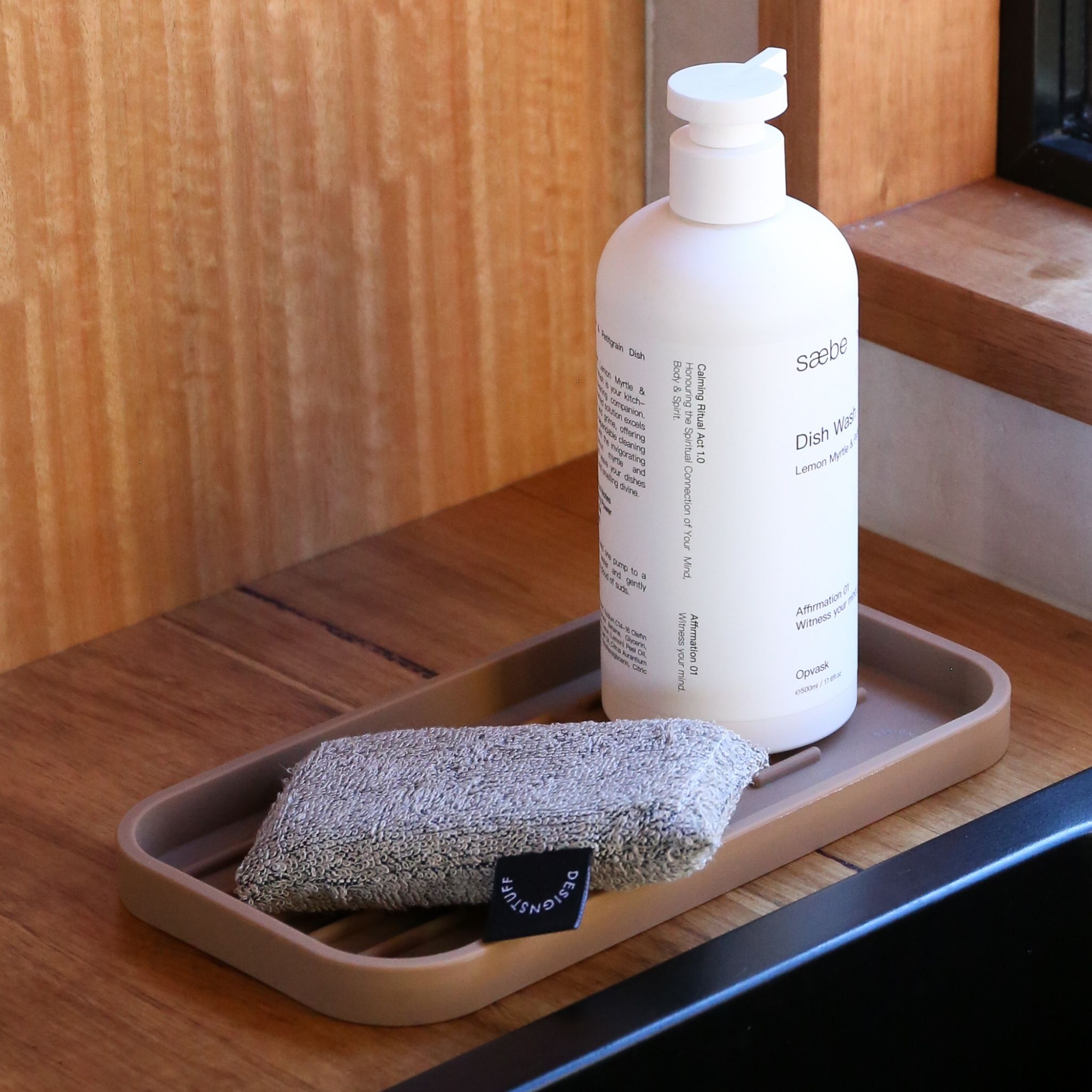 DESIGNSTUFF Silicone Sink Tray and Sponge Holder - Non-Slip Drainboard Organizer for Kitchen Sink, Dish Soap & Sponge Storage (Camel Color) - Perfect for Kitchen Organization & Countertop Space Saving