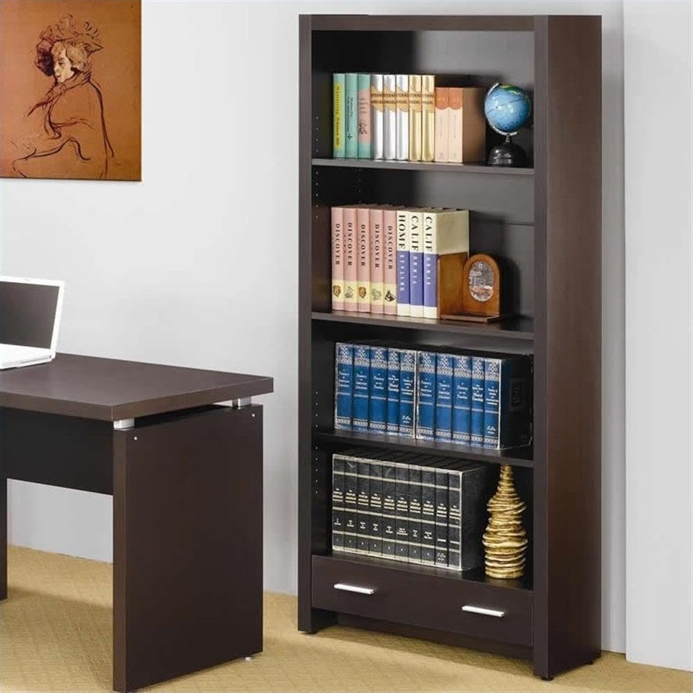 BOWERY HILL Modern 4-Shelf Bookcase with Storage Drawer in Cappuccino - Stylish Home Office Organizer for Books, Decor & Storage | Perfect for Living Room, Bedroom or Study