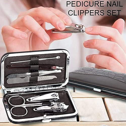 AKSHAR 7-in-1 Stainless Steel Manicure & Pedicure Kit for Men & Women - Nail Clippers, Cuticle Trimmer, Nail File, Acne Needle & Grooming Tools in Leather Case - Perfect for Travel, Home & Salon Use