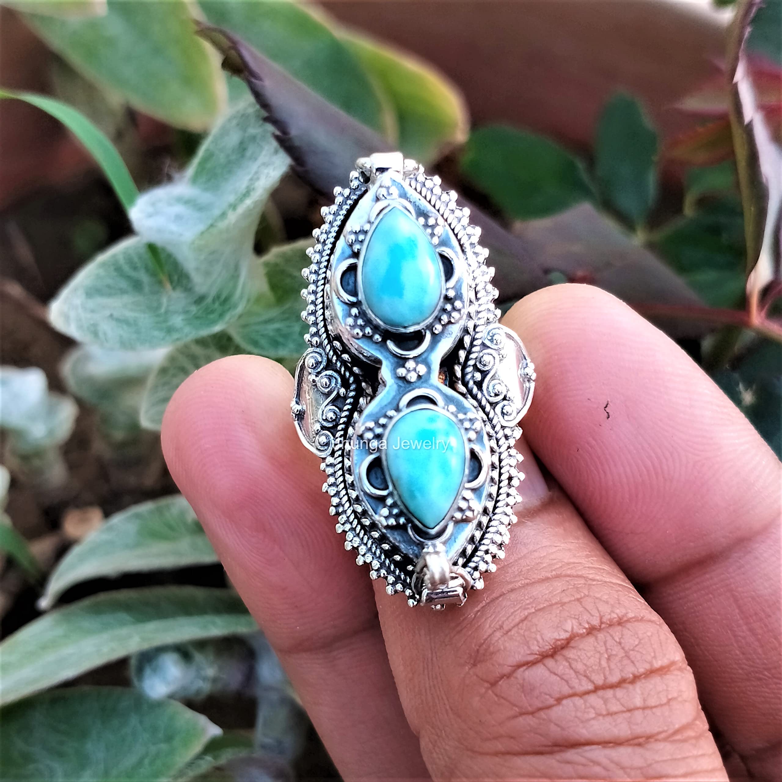 Larimar Poison Ring - 925 Sterling Silver Healing Crystal Locket Ring with Secret Compartment | Handmade Boho Style Statement Jewelry | Perfect for Gift Giving, Witchy Aesthetic & Medieval Renaissance Fairs