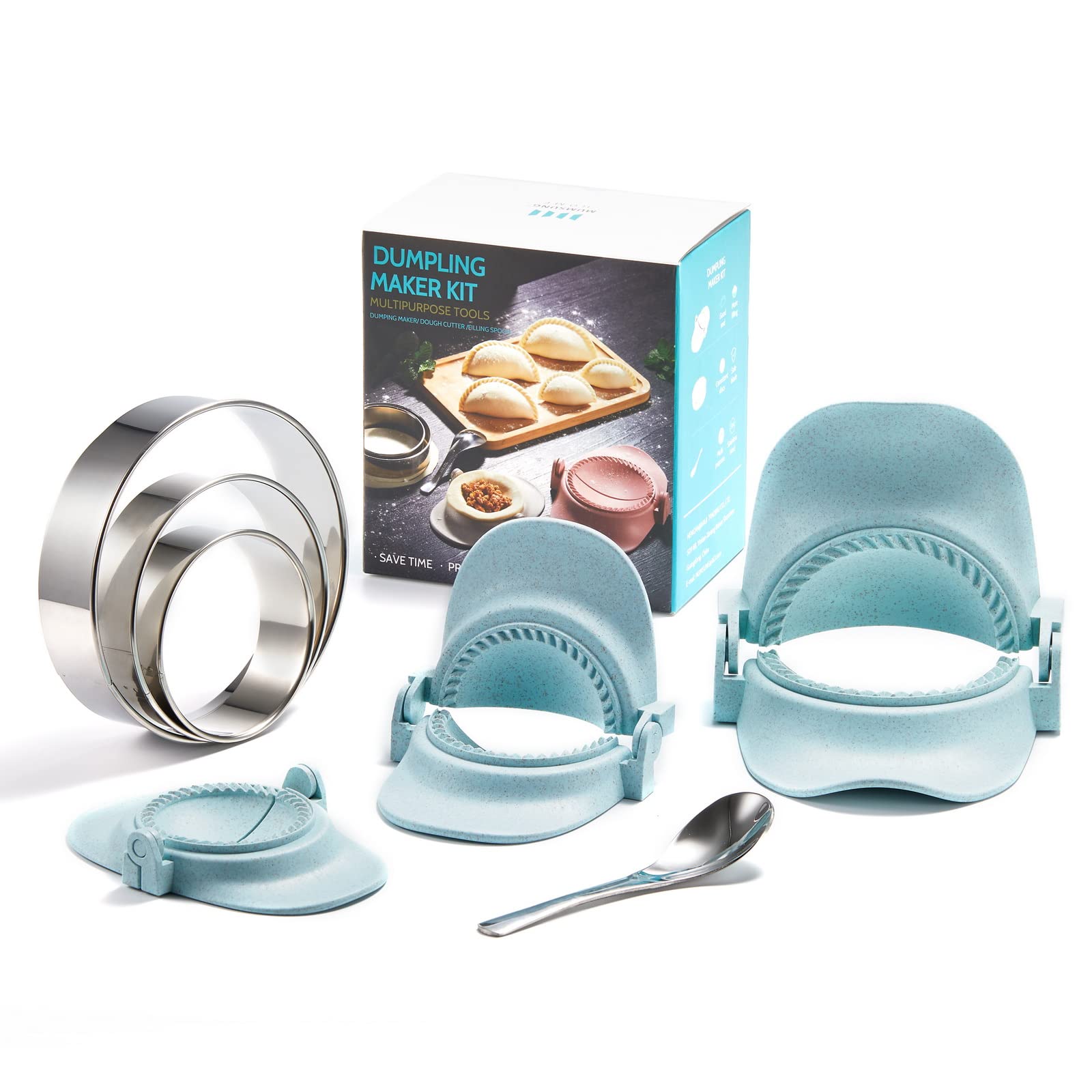 **7-Piece Dumpling Maker Set with Dough Cutter - Empanada, Pierogi, Pastelitos & Calzone Press Mold - Perfect for Homemade Chinese Dumplings & Turnovers (Blue, Different Sizes) - Ideal for Family Cooking & Party Snacks**