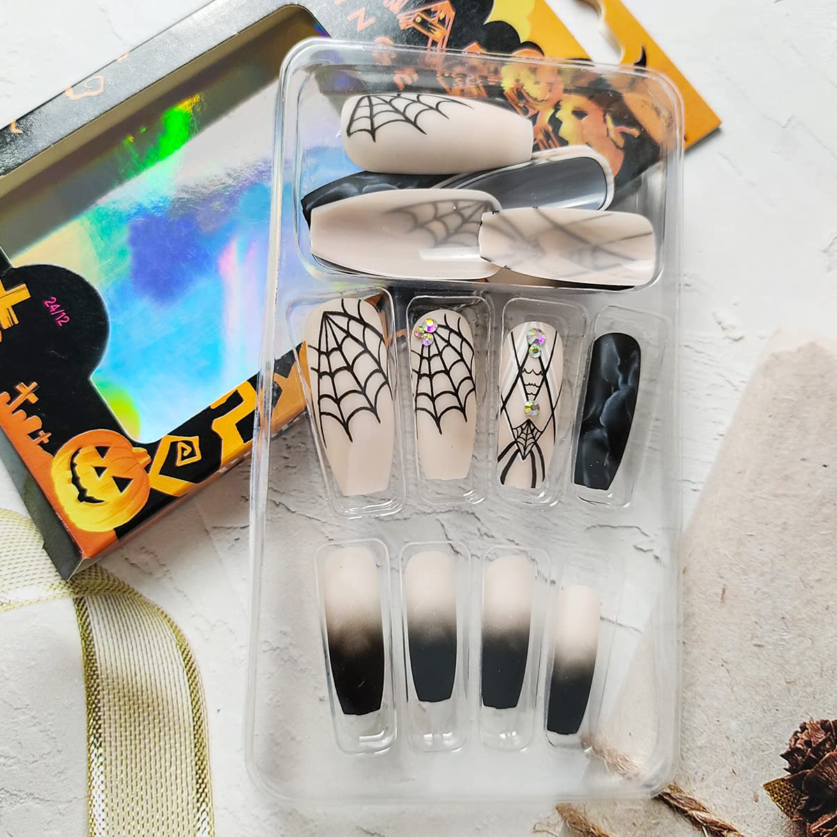 Halloween Press on Nails - 24Pcs Long French Fake Nails with Black Spider Web & Crystal Rhinestone Designs, Matte Acrylic Glue on Nails for Women & Girls | Perfect for Halloween Parties, Costume Events & Fall Nail Art