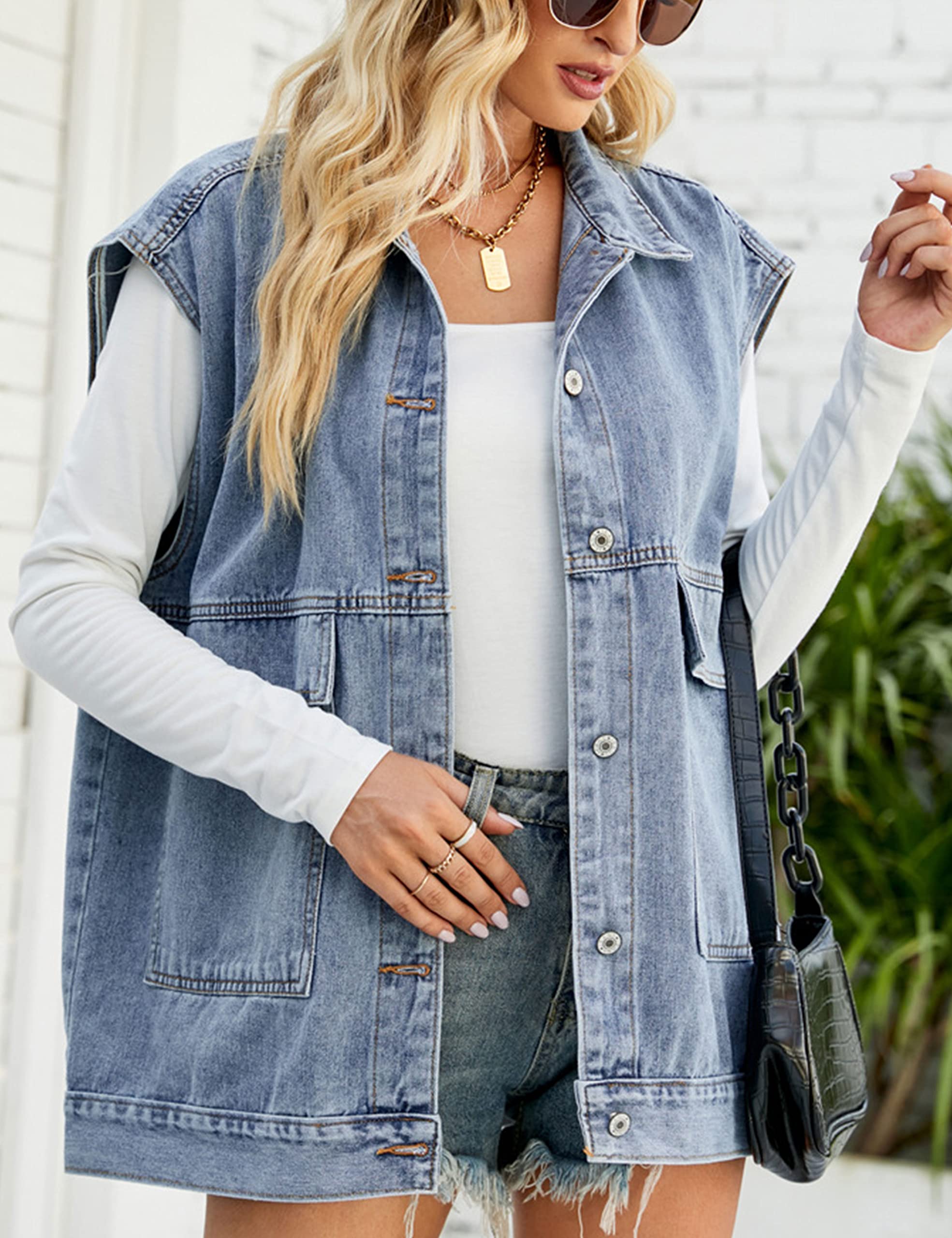 Zontroldy Women's Oversized Denim Vest - Sleeveless Button Down Jean Waistcoat Shacket Jacket for Casual Outfits & Layering | Perfect for Spring, Summer & Fall Fashion