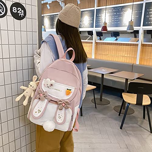 Cute Bunny Ear Backpack for Teen Girls - Large Kawaii School Bag with Pendant Pins, Laptop Satchel Bookbag for Students (Pink) - Perfect for School, College, Travel & Everyday Use