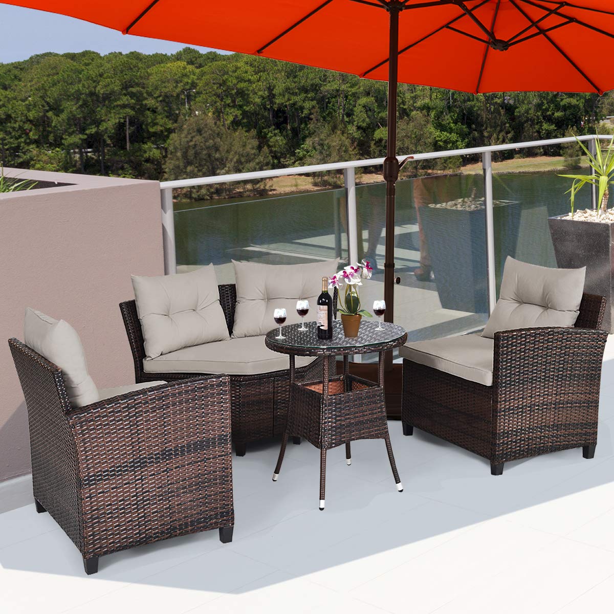 HappyGrill 4-Piece Curved Outdoor Sofa Set - Rattan Wicker Patio Furniture with Coffee Table & Cushions - Modern Conversation Set for Garden, Poolside, Balcony | Perfect for Backyard Relaxation & Outdoor Entertaining