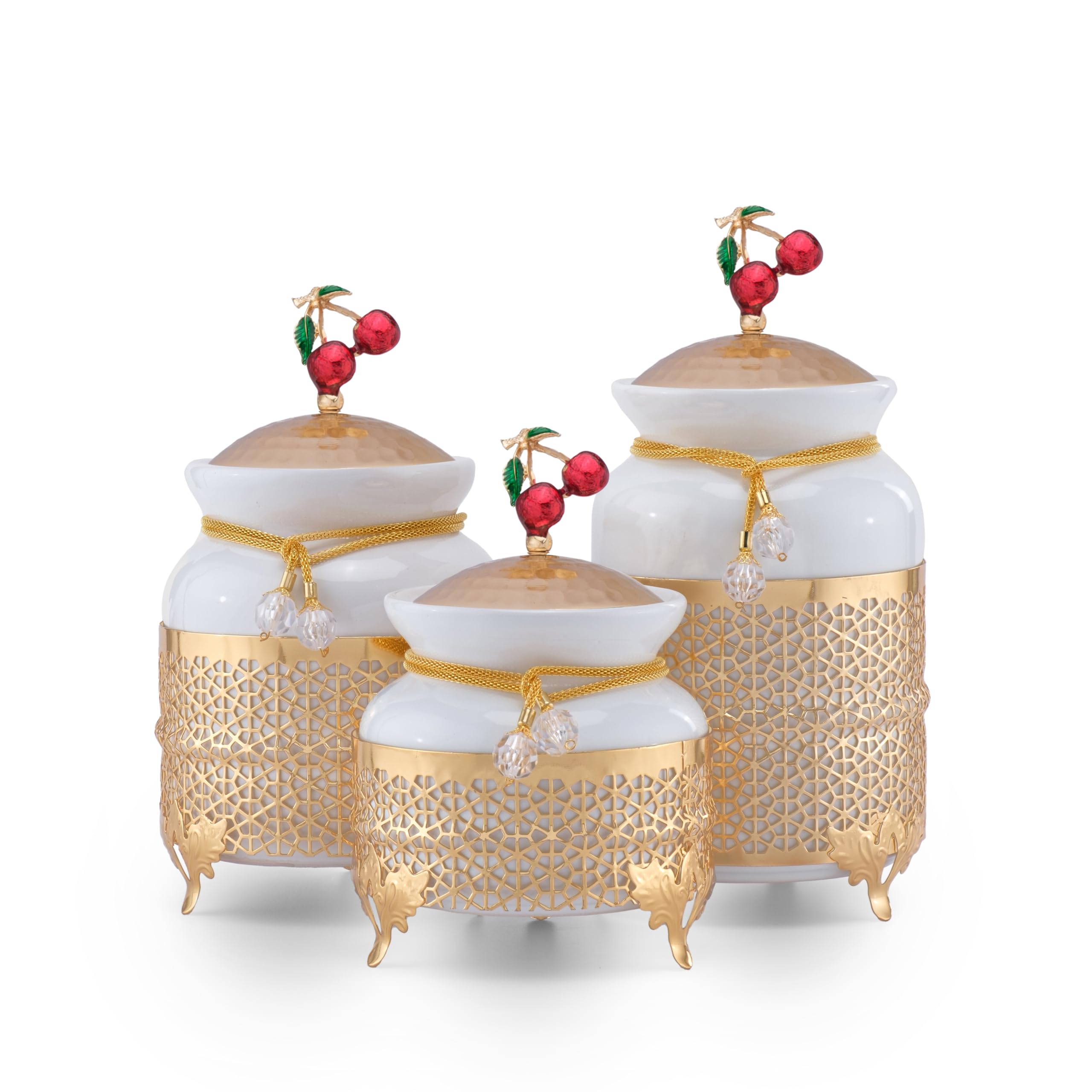 Ceramic Kitchen Canisters Set of 3 with Metal Lids - Airtight Storage Containers for Coffee, Tea, Sugar & Spices | Handmade Countertop Mason Cookie Jars in Gold Cherry Finish | Perfect for Pantry Organization & Coffee Station Decor