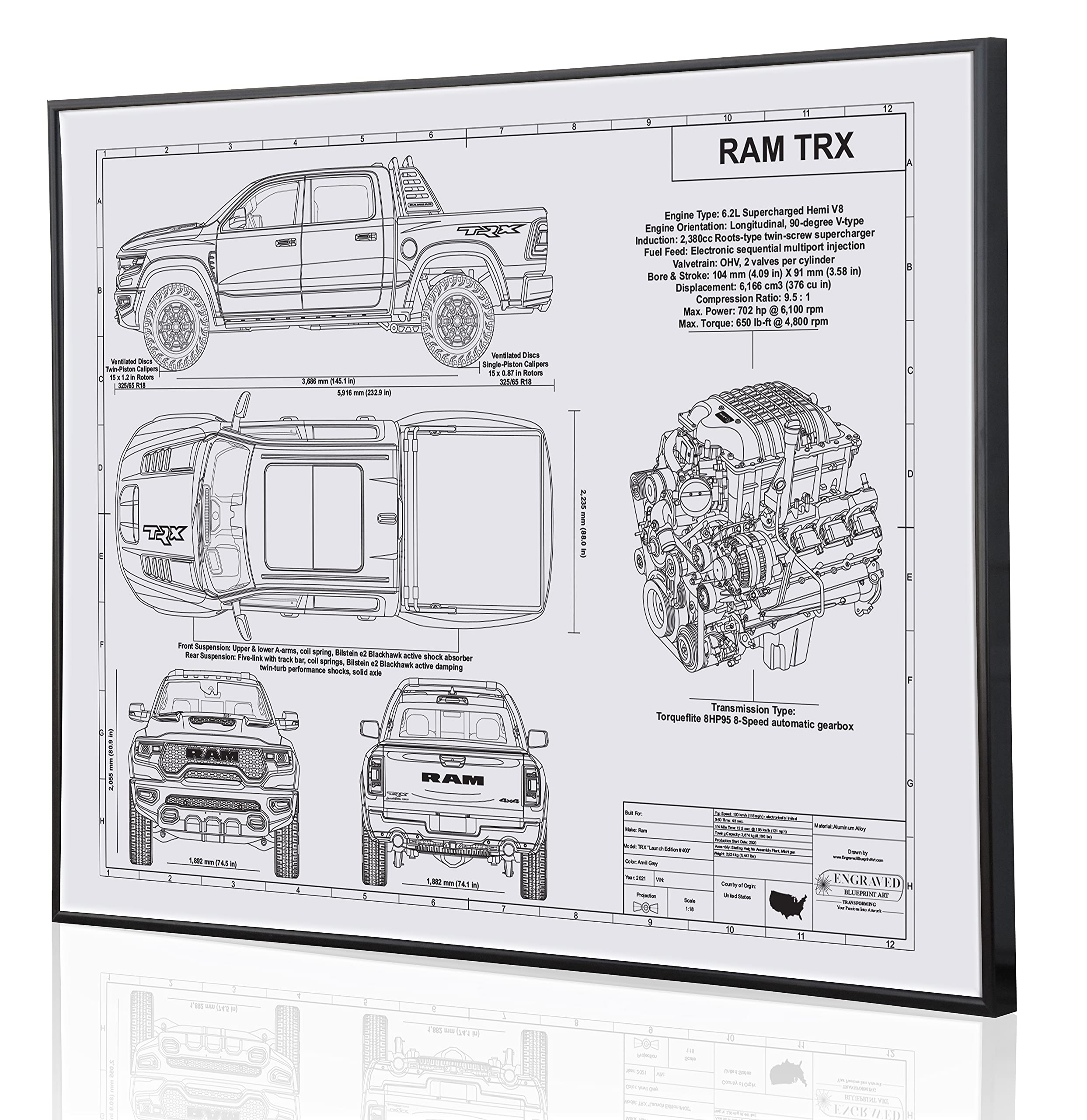 Custom Dodge Ram TRX Blueprint Artwork - Laser Engraved & Personalized Gift for Dodge Lovers - Perfect for Home, Office Decor & Car Enthusiast Gifts