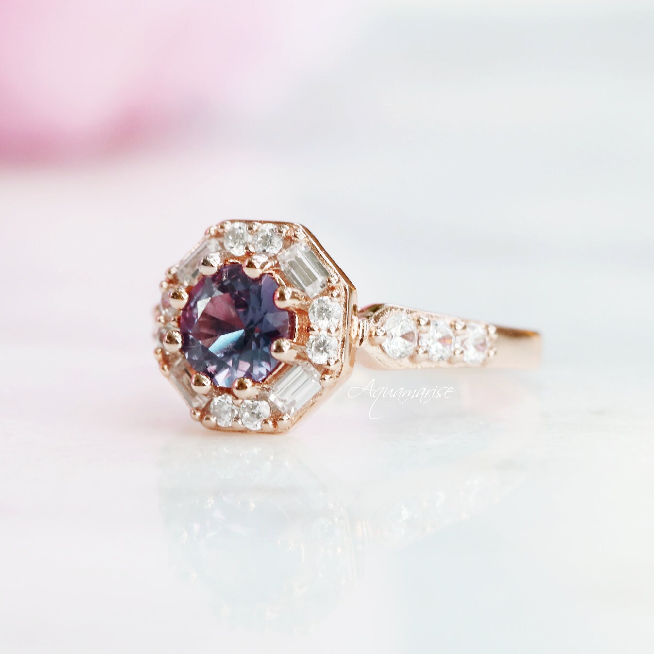Hexagon Alexandrite Ring 14K Rose Gold Vermeil - Elegant Gemstone Jewelry for Women, Perfect for Weddings, Anniversaries & Special Occasions