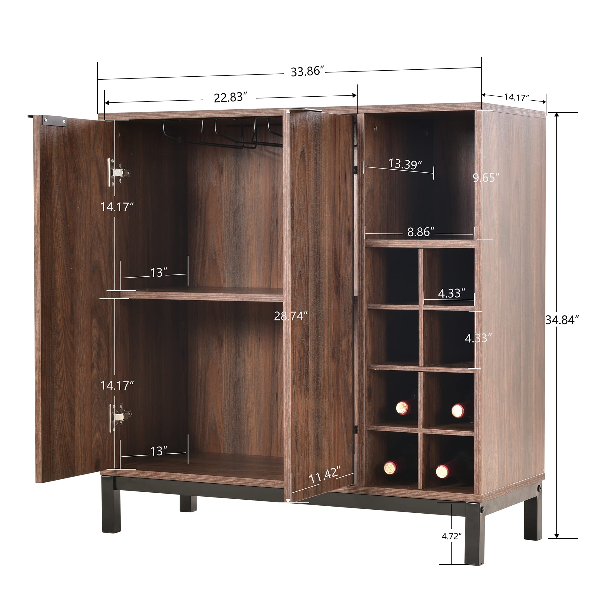 Harper & Bright Designs 34 Inch Dark Brown Sideboard Buffet Cabinet with Storage, Wine Racks & Coffee Bar - Perfect for Dining Room, Living Room & Home Office Organization