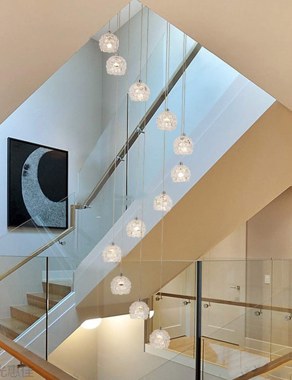 Modern Spiral Staircase Chandelier with 12 Glass Shades - Elegant Multiple Lampshade Design for Dining Room, Foyer & Living Room Lighting | AA+ Quality